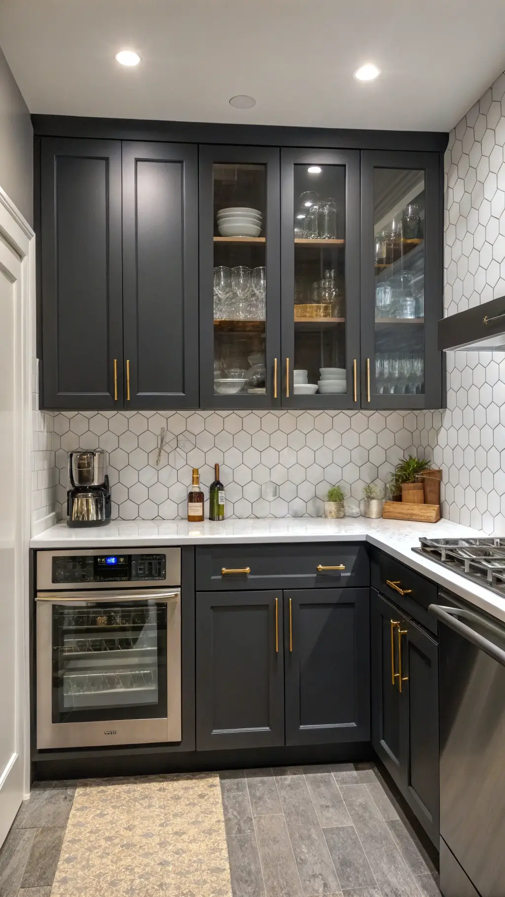 Compact 10x12ft urban kitchen with dark grey floor-to-ceiling cabinets, white hexagon tile backsplash, glass-front uppers, and mixed metal accents.