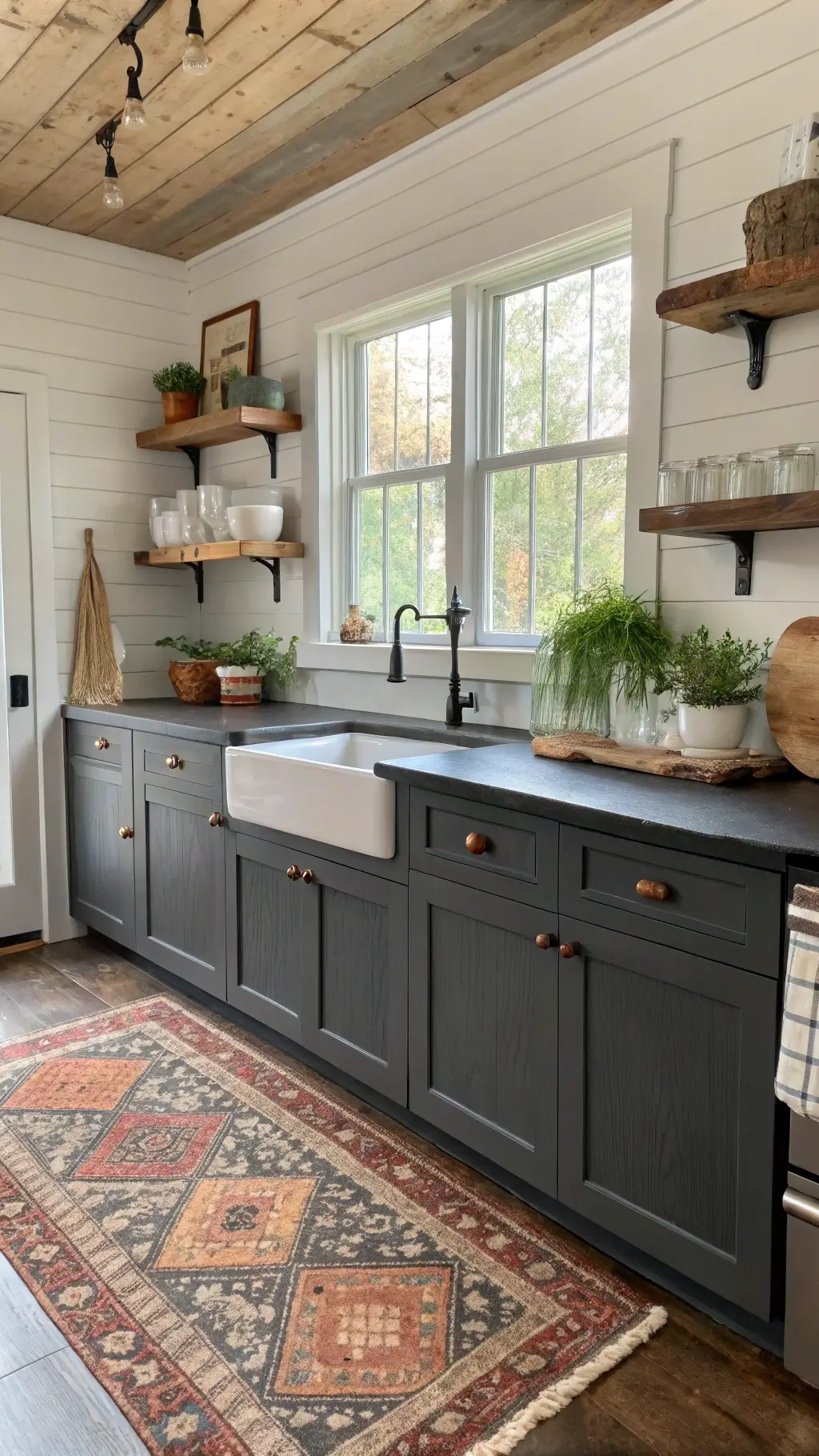 Farmhouse-modern kitchen with dark grey beadboard cabinets, black soapstone counters, and white farmhouse sink under window; vintage rug, antique decor, and morning natural light create rustic refined feel.