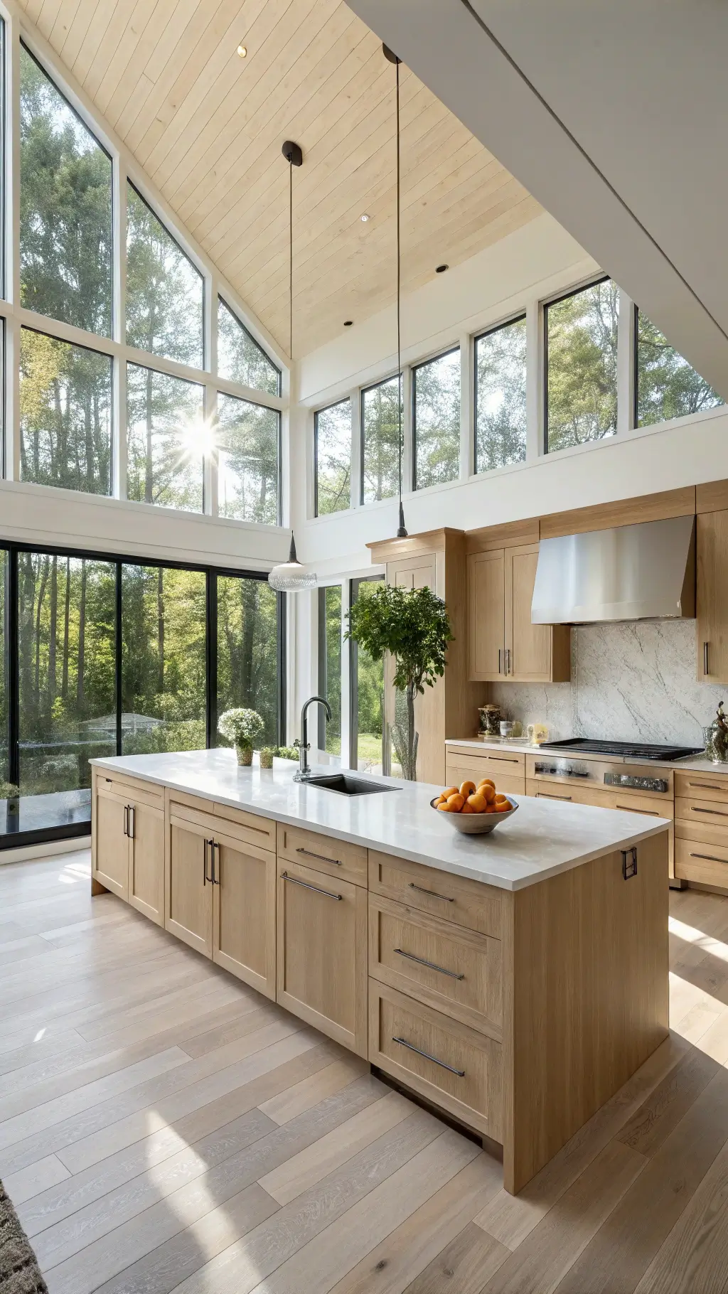 Modern kitchen bathed in morning light with maple cabinets, white quartz island, copper bowl of citrus, and potted herbs on wide-plank oak flooring.