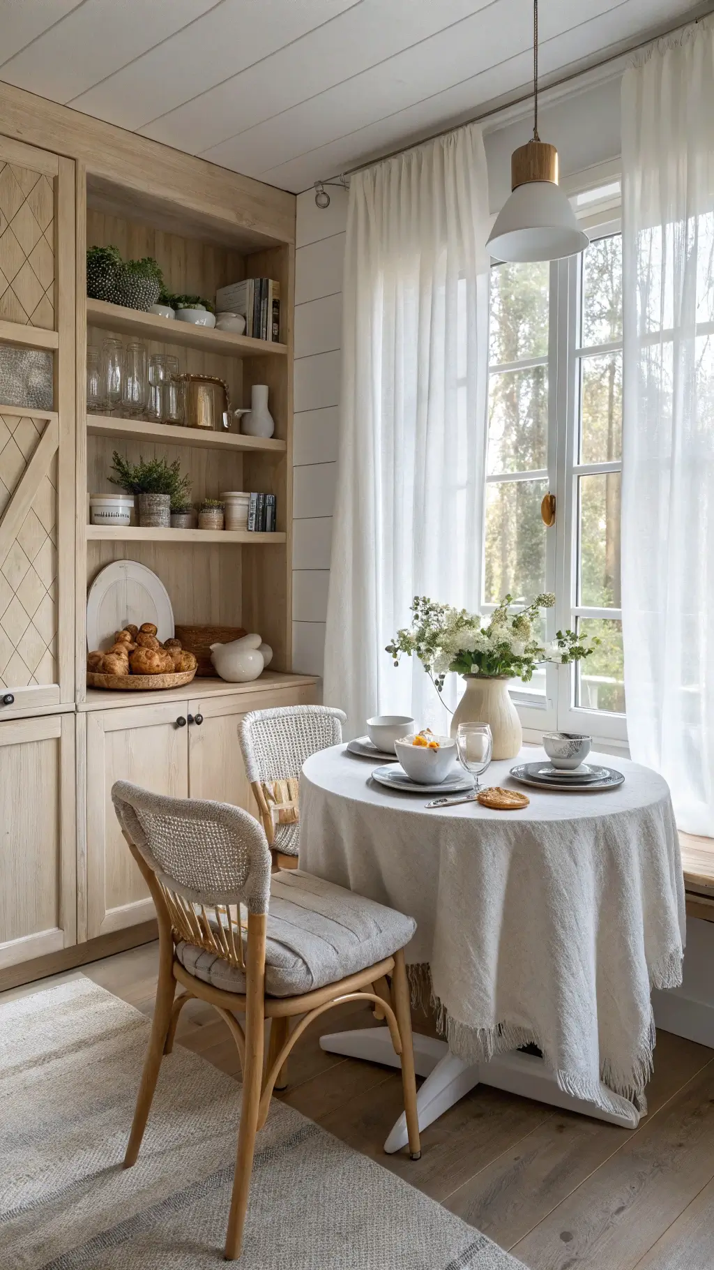 Scandinavian-style breakfast nook with birch cabinets, tulip table, sheepskin chairs, and soft daylight through linen curtains.