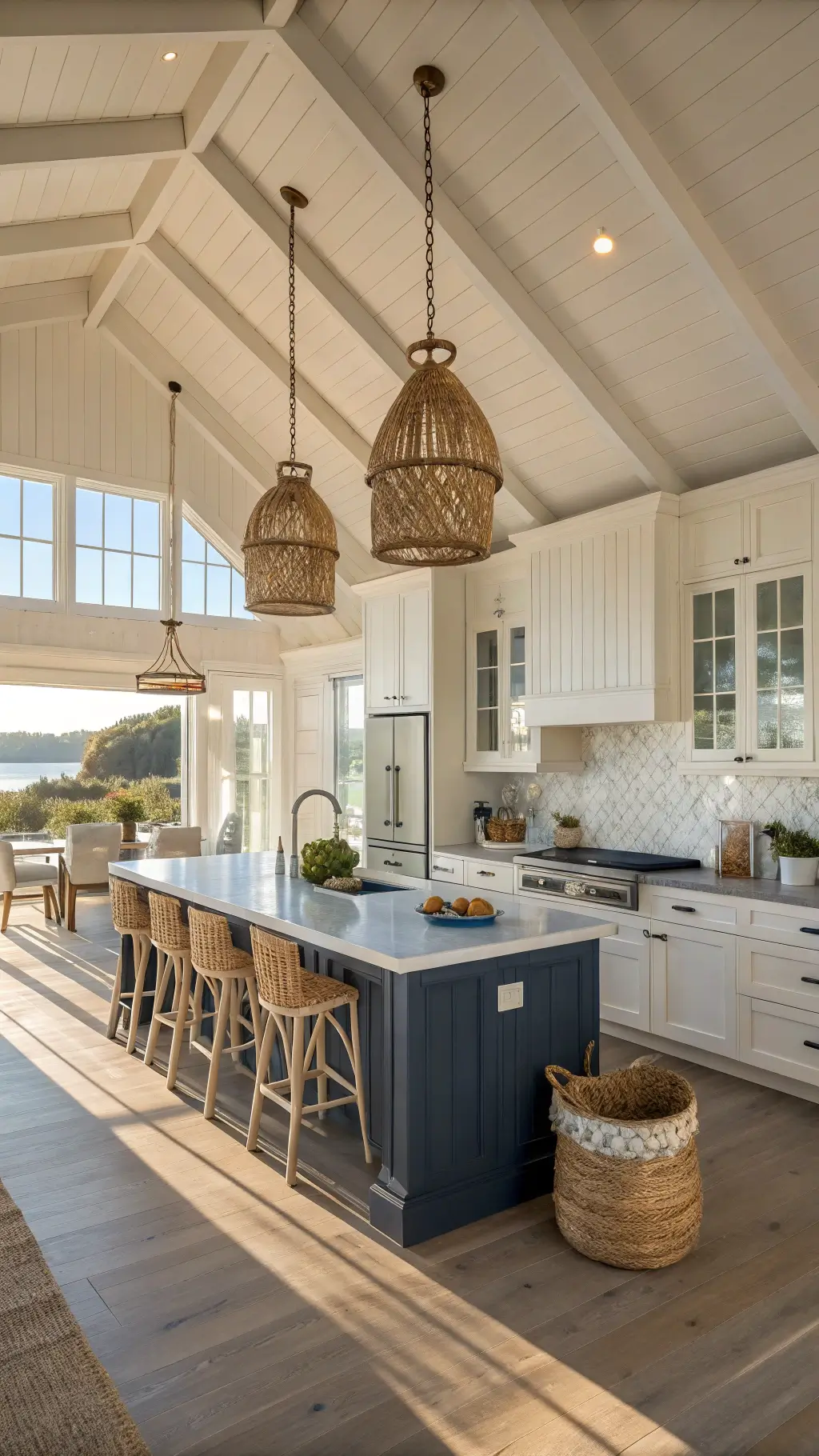 Open-concept coastal kitchen with vaulted ceilings, whitewashed pine cabinets, navy island, and beachy decor in golden hour light.