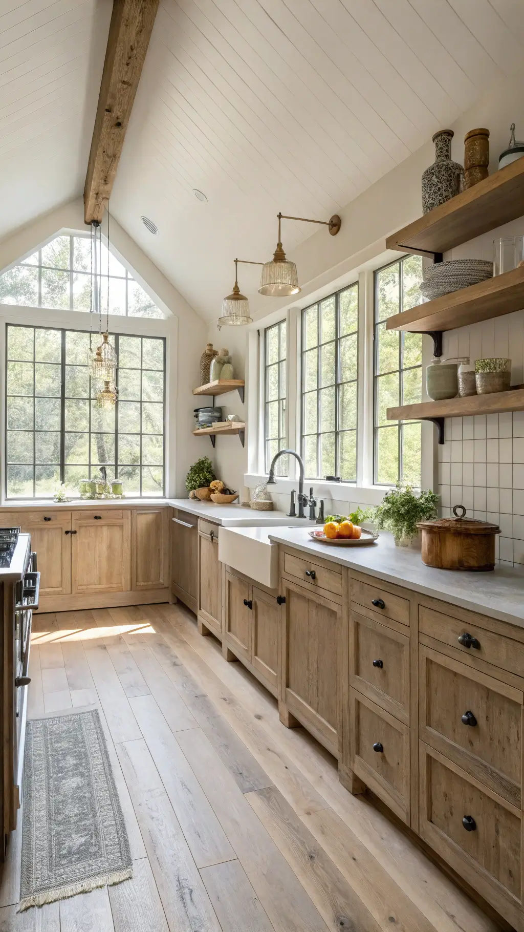 Modern farmhouse kitchen with bleached oak cabinets, brass hardware, farmhouse sink, floating shelves, and vintage decor in soft overcast light.