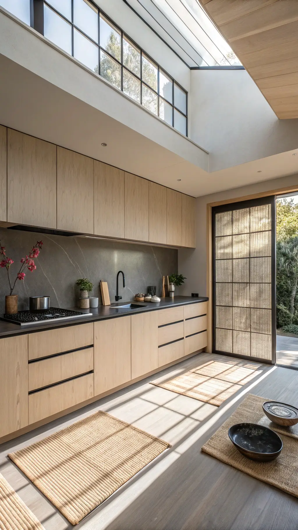 Minimalist Japanese-style kitchen with ash cabinets, black granite island, skylight shadows, and tatami-inspired flooring.