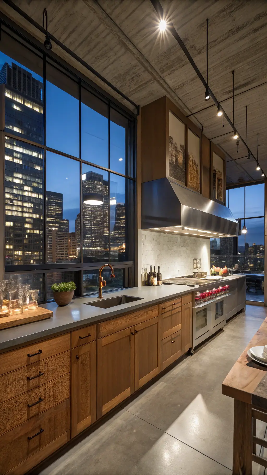 Modern urban kitchen with oak cabinets, concrete counters, stainless appliances, and city lights through large evening windows.