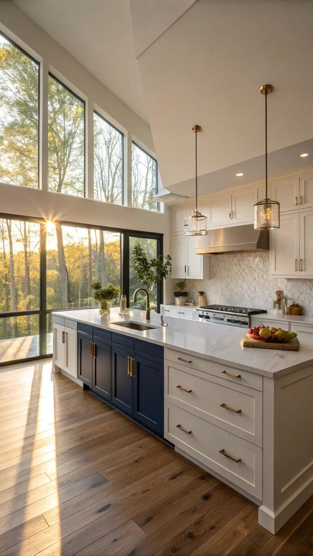 Modern kitchen with white and navy cabinets, brass hardware, quartz waterfall island, and golden hour sunlight through floor-to-ceiling windows.