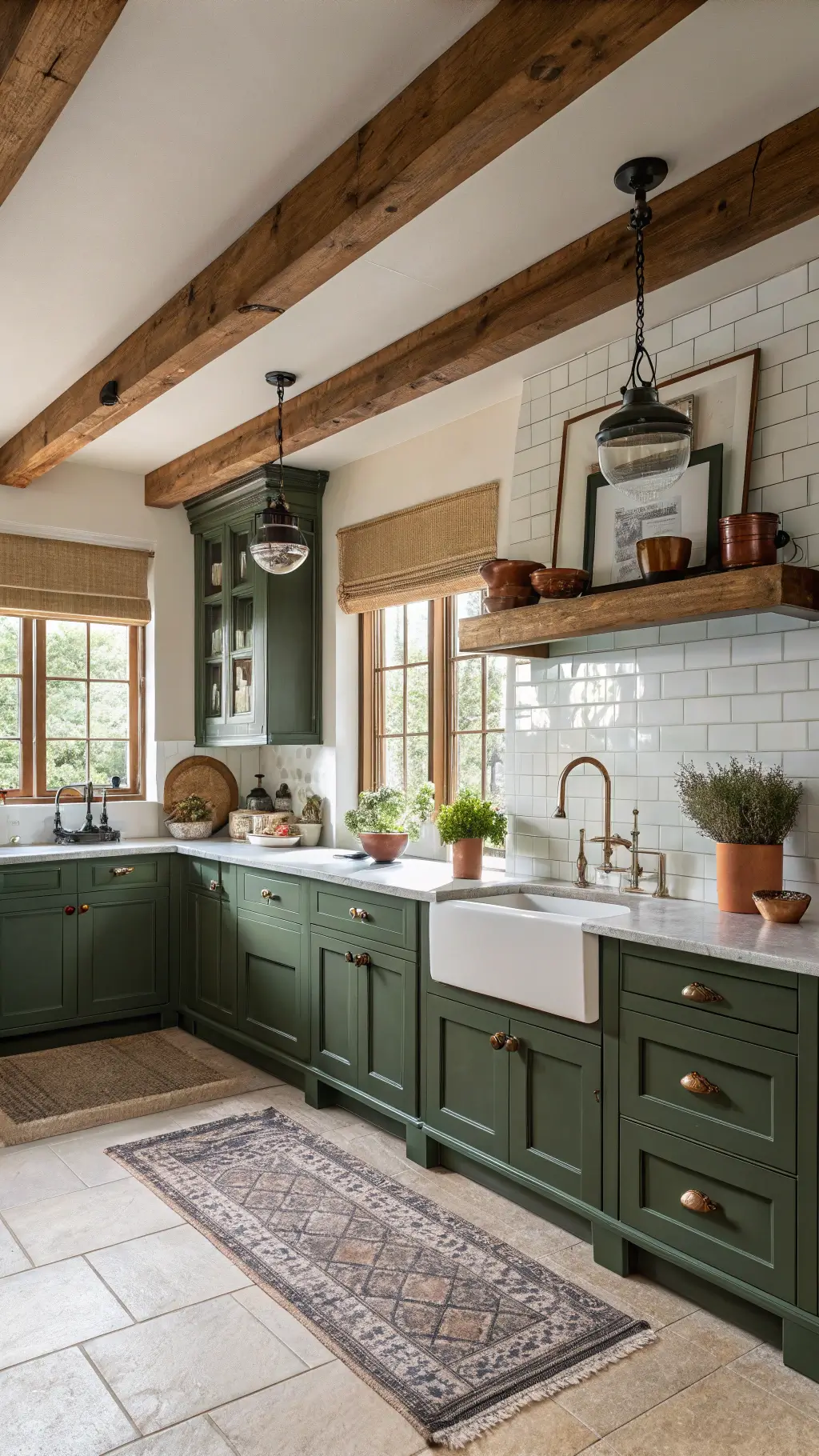 Farmhouse-style kitchen with forest green lower cabinets, vintage cream uppers, exposed wooden beams, white subway tile backsplash, antique copper pots, and morning light through roman shades.