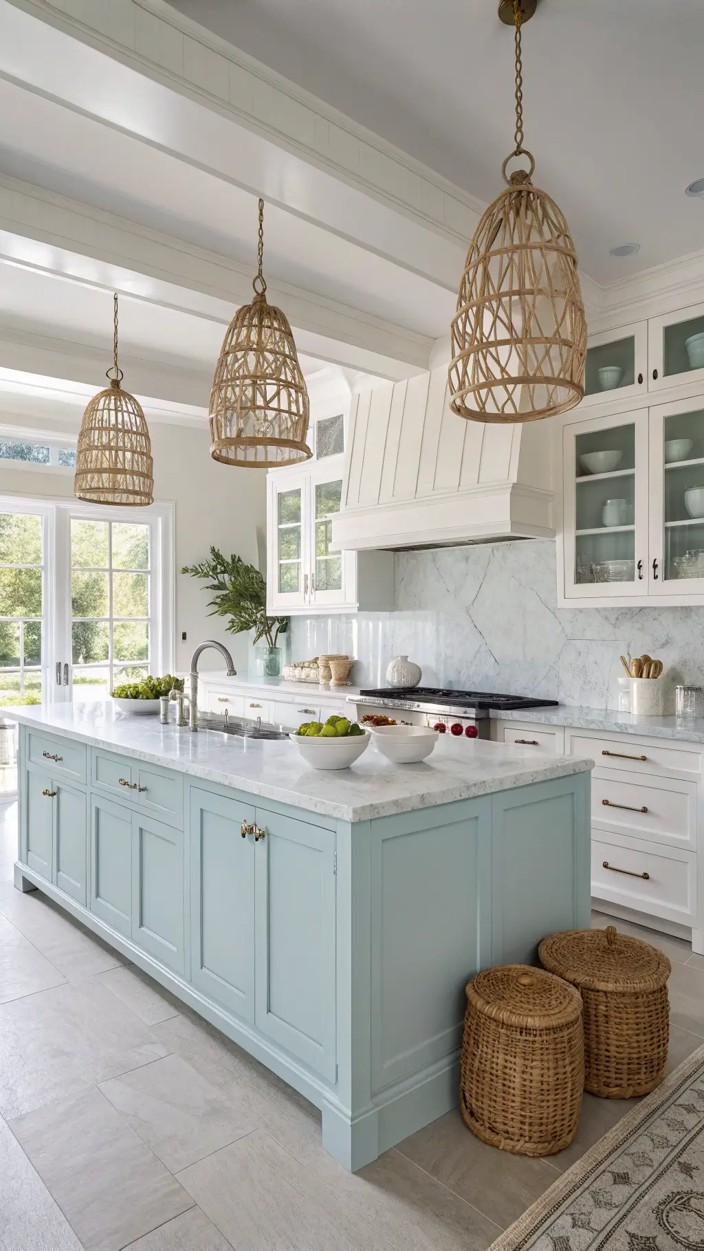 Coastal-inspired kitchen with white and powder blue shaker cabinets, marble countertops, rattan pendant lights, and pale oak flooring, photographed mid-morning.