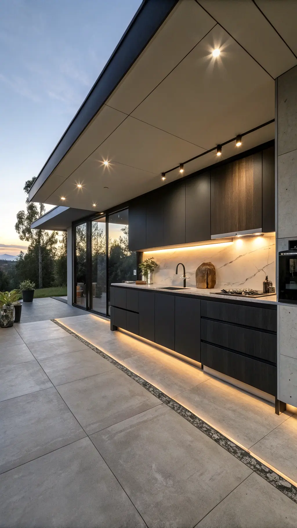 Contemporary minimalist kitchen with matte black and warm gray cabinetry, concrete-look floors, and ambient LED lighting at dusk.