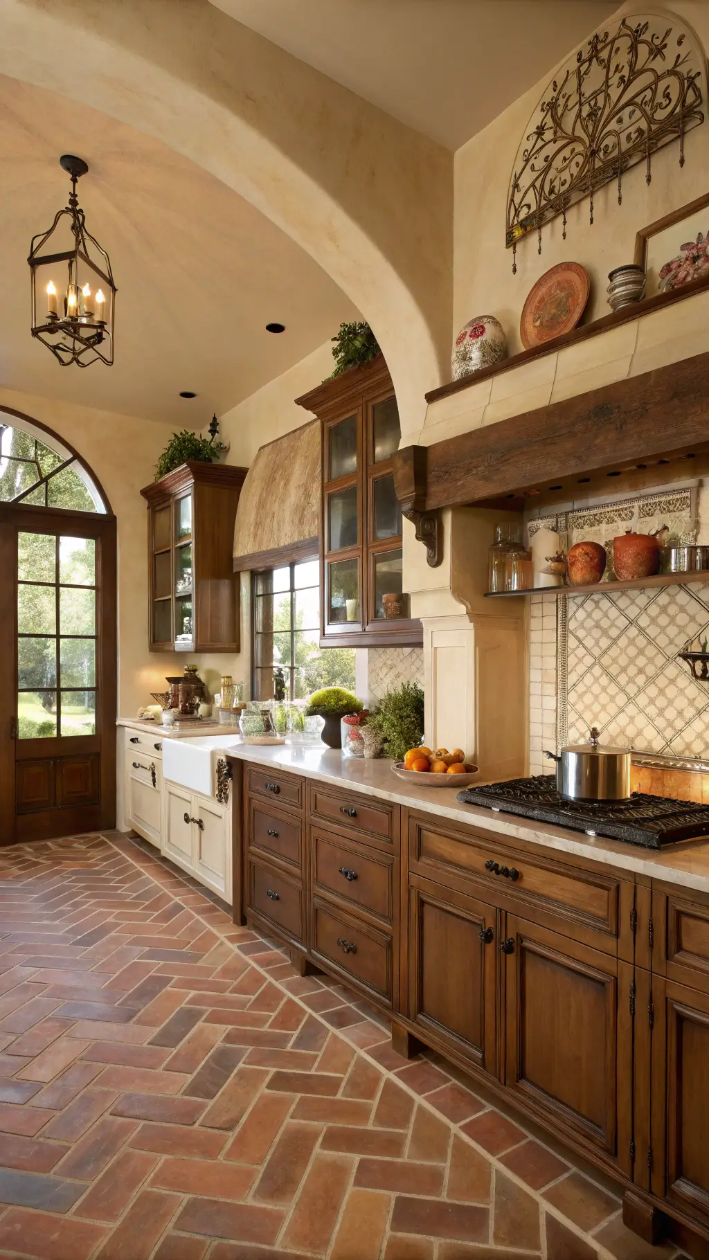 Mediterranean-style kitchen with walnut lower cabinets, cream upper cabinets, terracotta herringbone floor, and vintage decor seen through arched doorway.