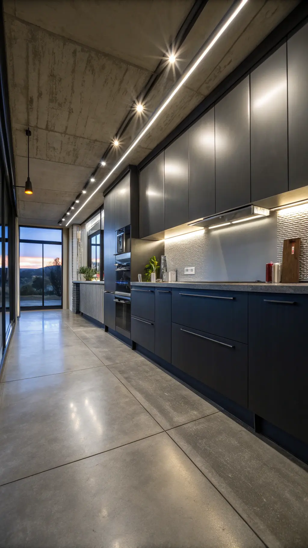 Industrial-modern kitchen with charcoal gray and stainless steel cabinets, polished concrete floors, moody LED lighting, and metallic accents captured during blue hour.