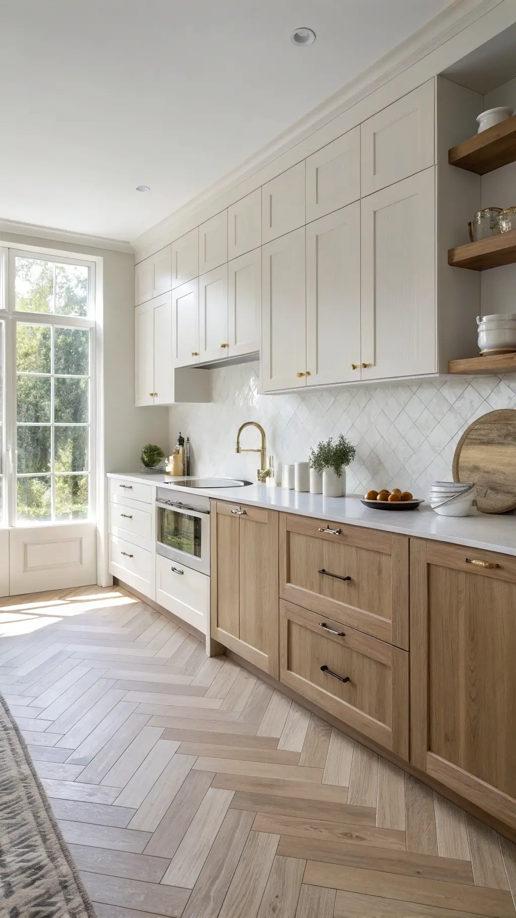 Scandinavian-style kitchen with pale ash and white cabinets, white oak herringbone floors, and soft morning light creating a bright, minimal aesthetic.