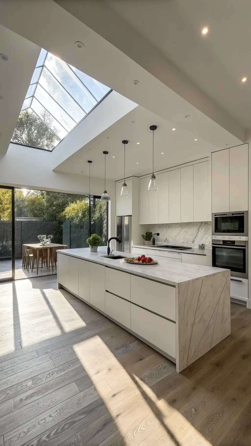 Minimalist monochrome kitchen with chalk white cabinets, concrete island, stainless appliances, and herringbone oak floors lit by golden hour sunlight through skylights.