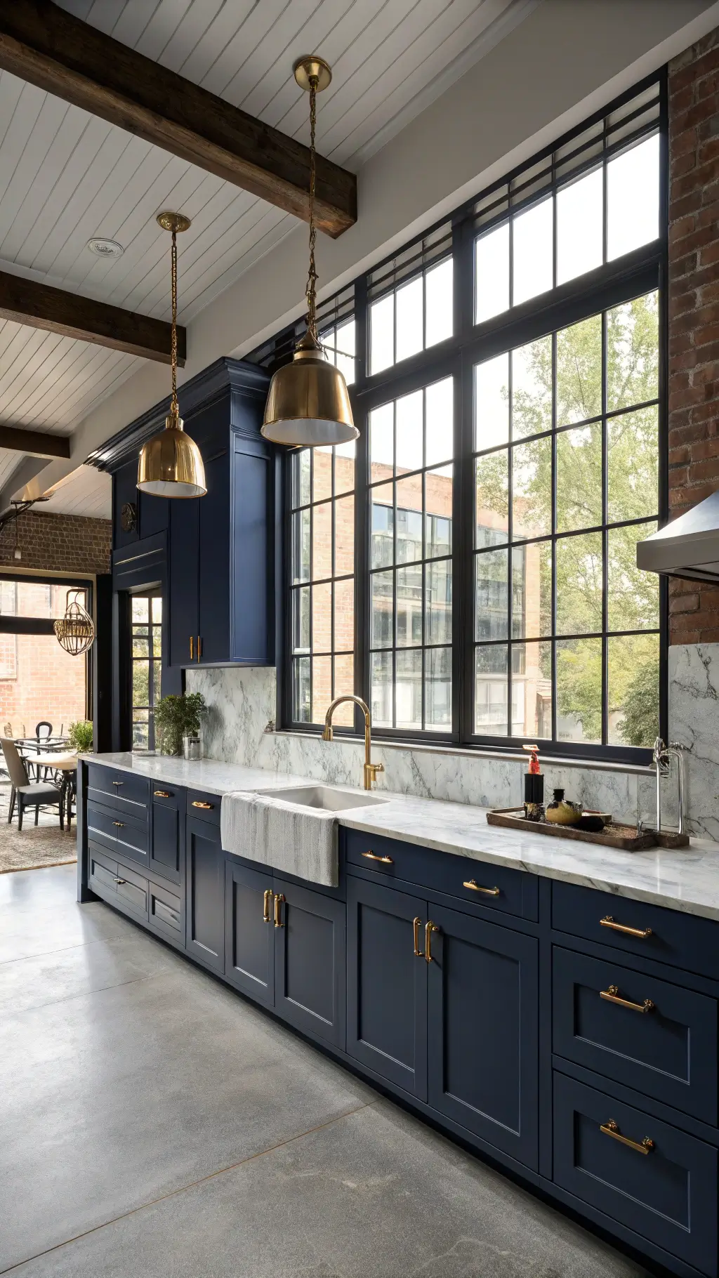 Bold navy kitchen with handleless cabinets, brass accents, Calacatta marble surfaces, and industrial windows in morning light.
