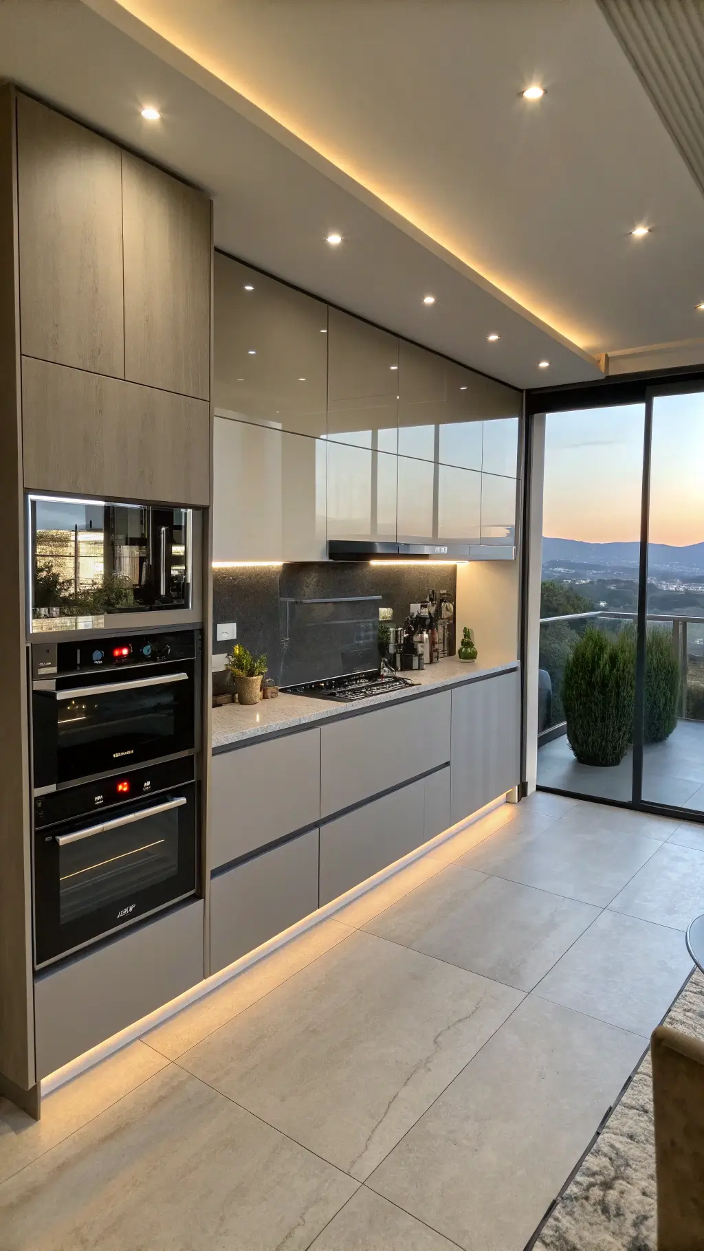 Modern high-tech open-concept kitchen with smart handleless cabinets, integrated appliances, and ambient LED lighting at dusk.