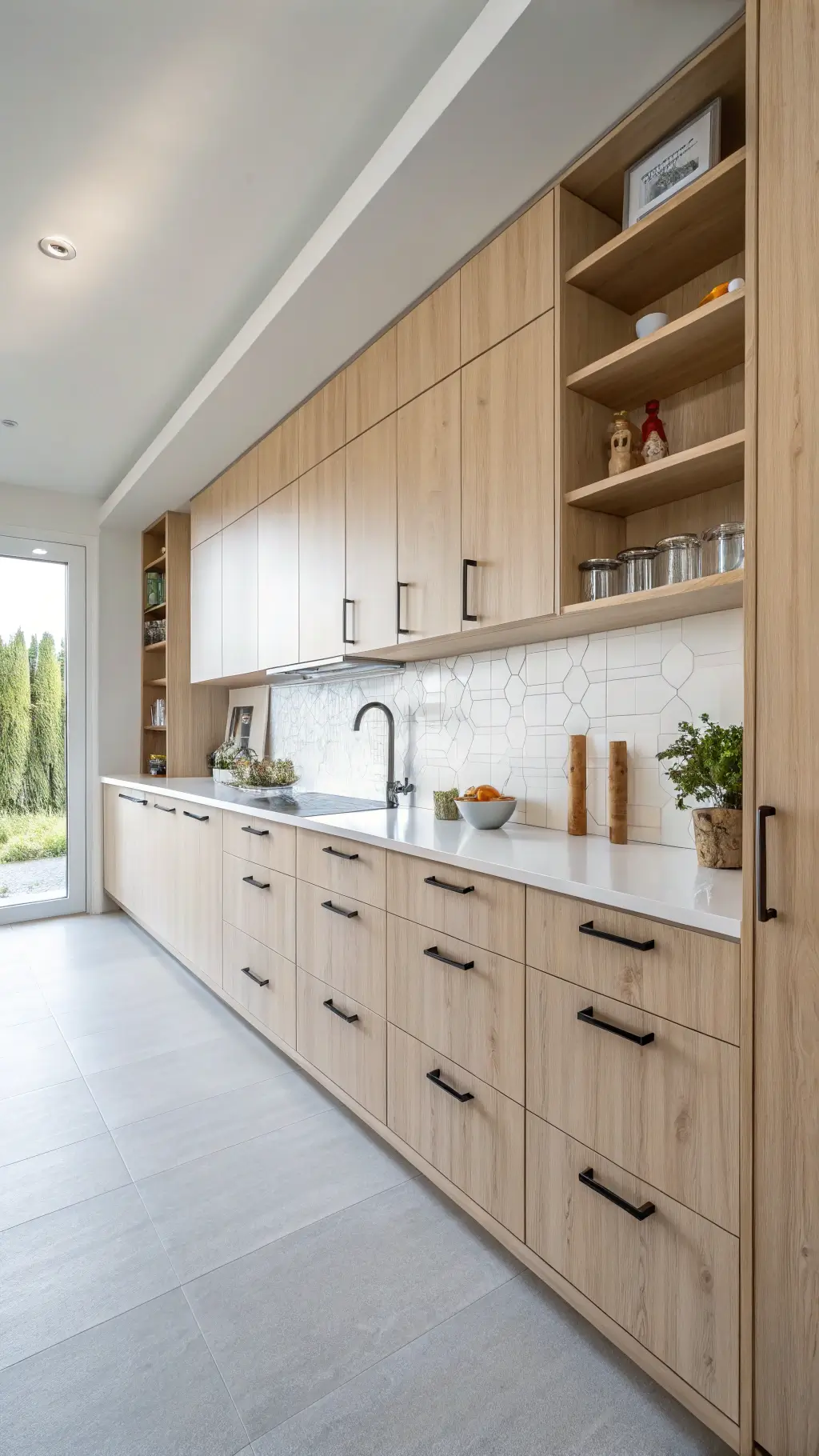Scandinavian minimalist kitchen with pale birch handleless cabinets, white quartz surfaces, and morning blue hour lighting.