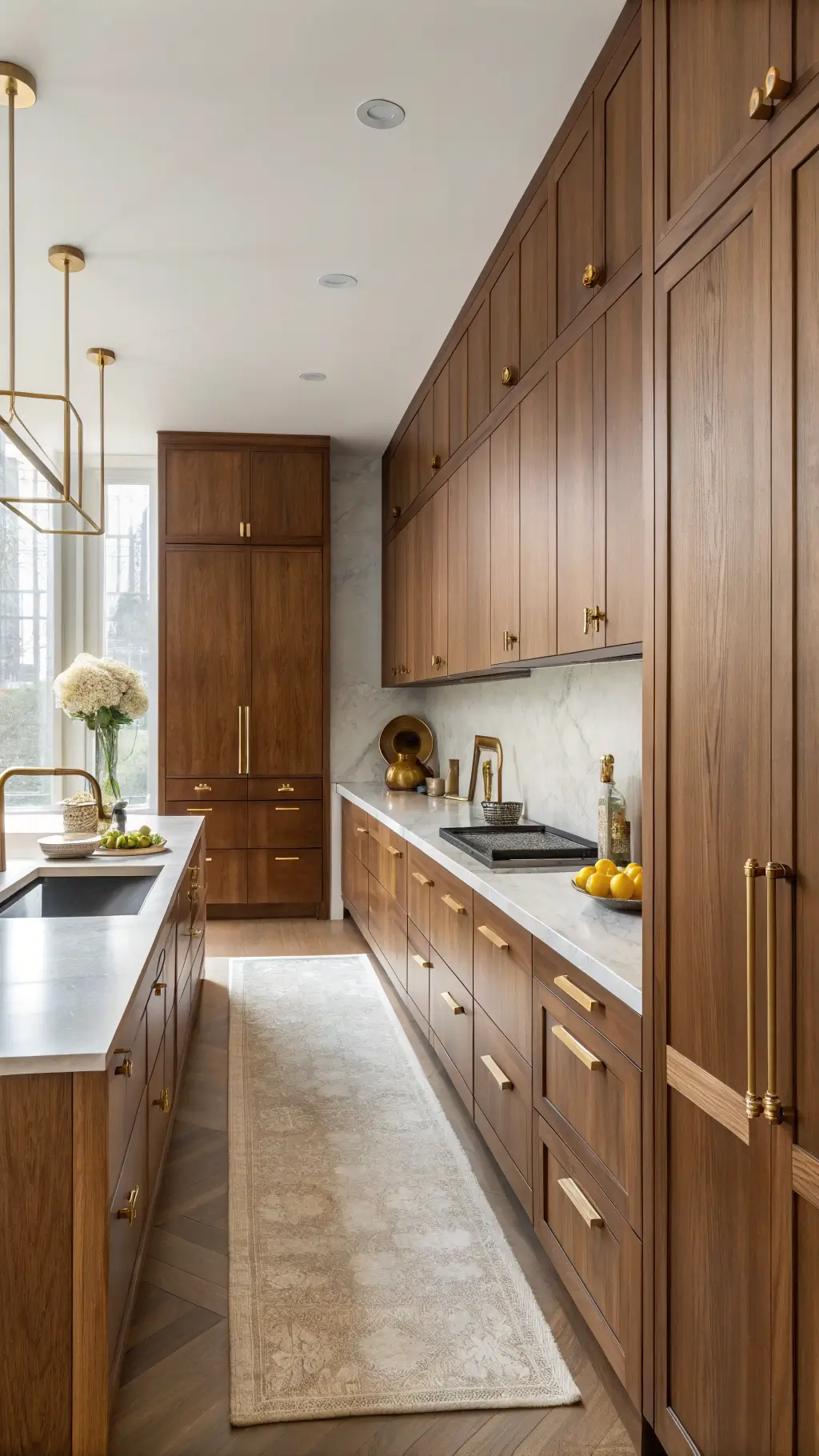 Warm contemporary kitchen with walnut handleless cabinets, cream limestone countertops, brass accents, and hidden pantry, lit by afternoon sunlight and soft box lighting.