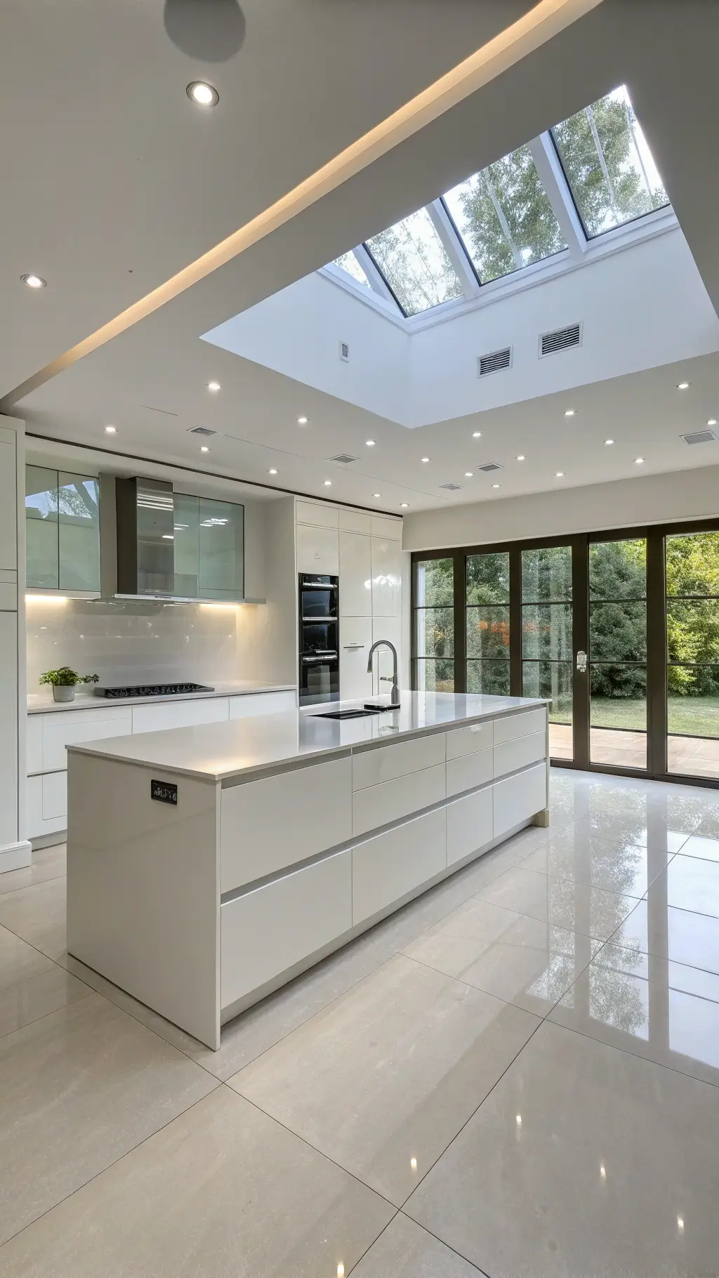 Ultra-modern white kitchen with glossy handleless cabinets, floating island, integrated LED lighting, and floor-to-ceiling windows.