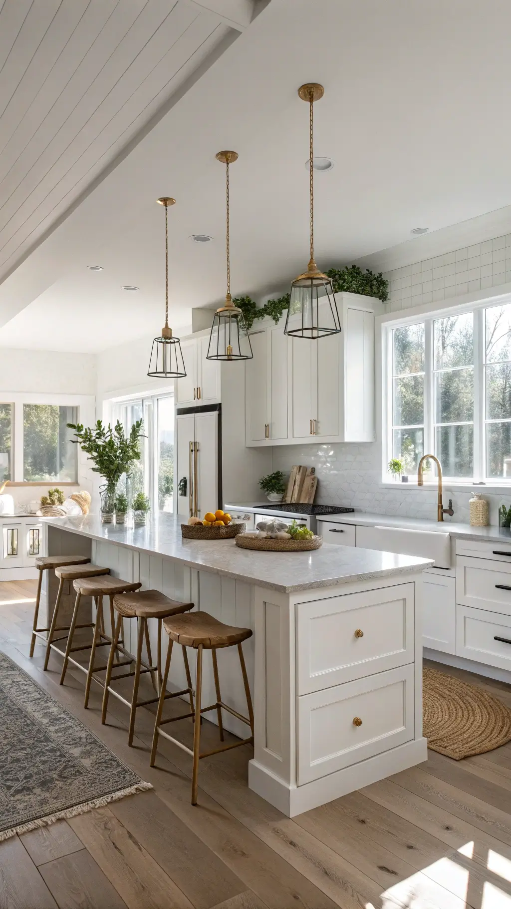 Modern Scandinavian kitchen with white IKEA cabinets, oak stools at center island, brass hardware, and afternoon sunlight casting shadows across quartz countertops.