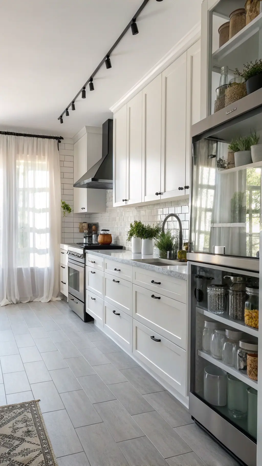 Modern open-concept kitchen with white high-gloss cabinets, matte black fixtures, and stainless steel appliances bathed in soft morning light.