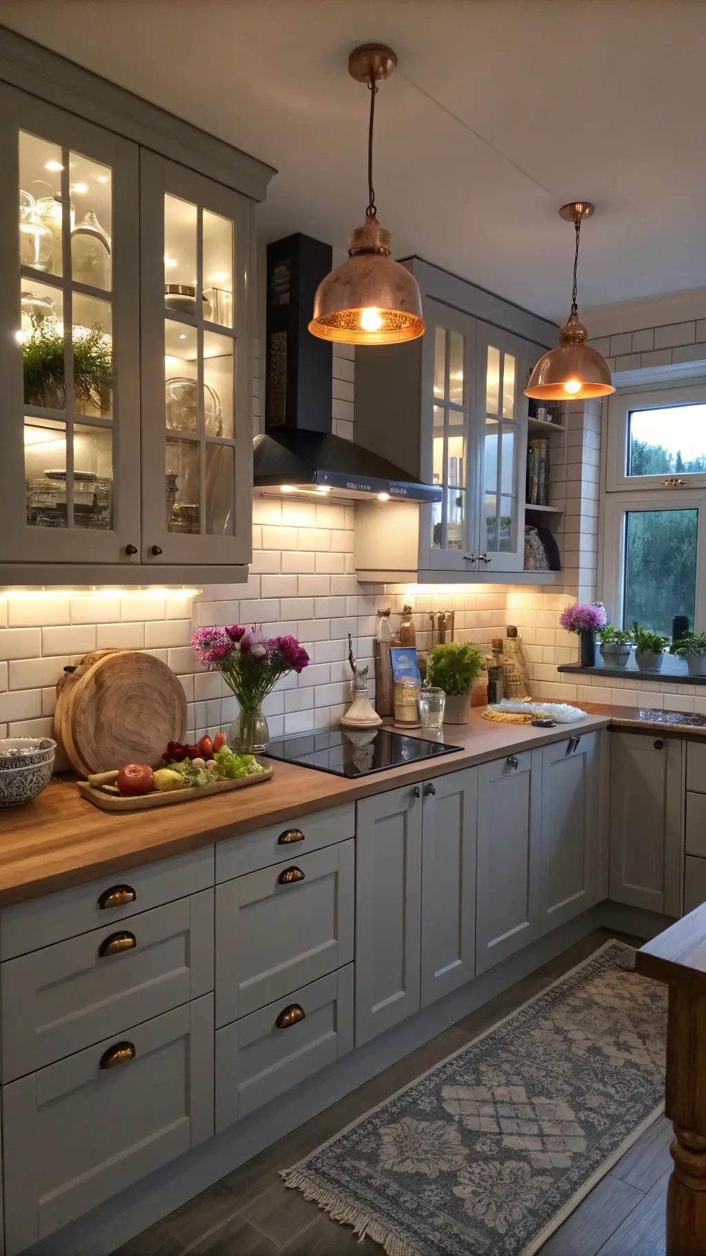 Cozy 10x12ft kitchen with IKEA BODBYN grey cabinets, warm under-cabinet LEDs, subway tile backsplash, copper pendant lights, and wood shelves displaying curated dishes.