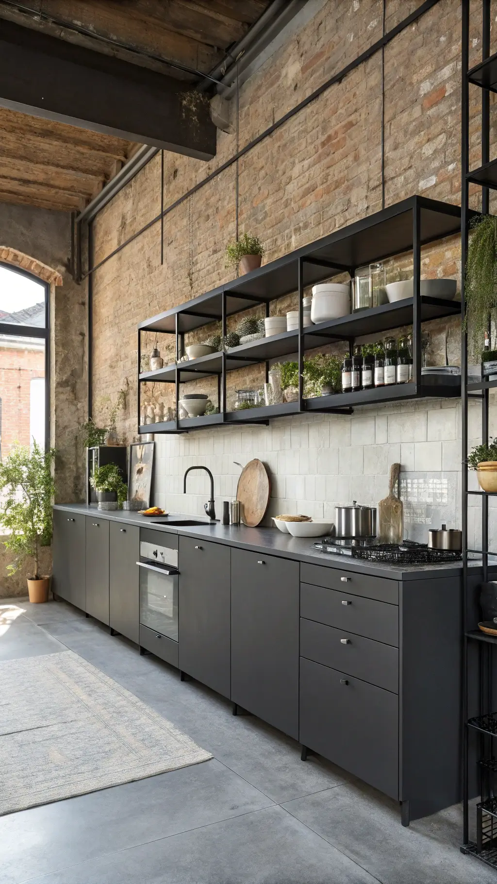 Top-down view of an industrial modern kitchen with anthracite cabinets, concrete countertops, exposed brick wall, and black metal shelving holding white ceramics and greenery.