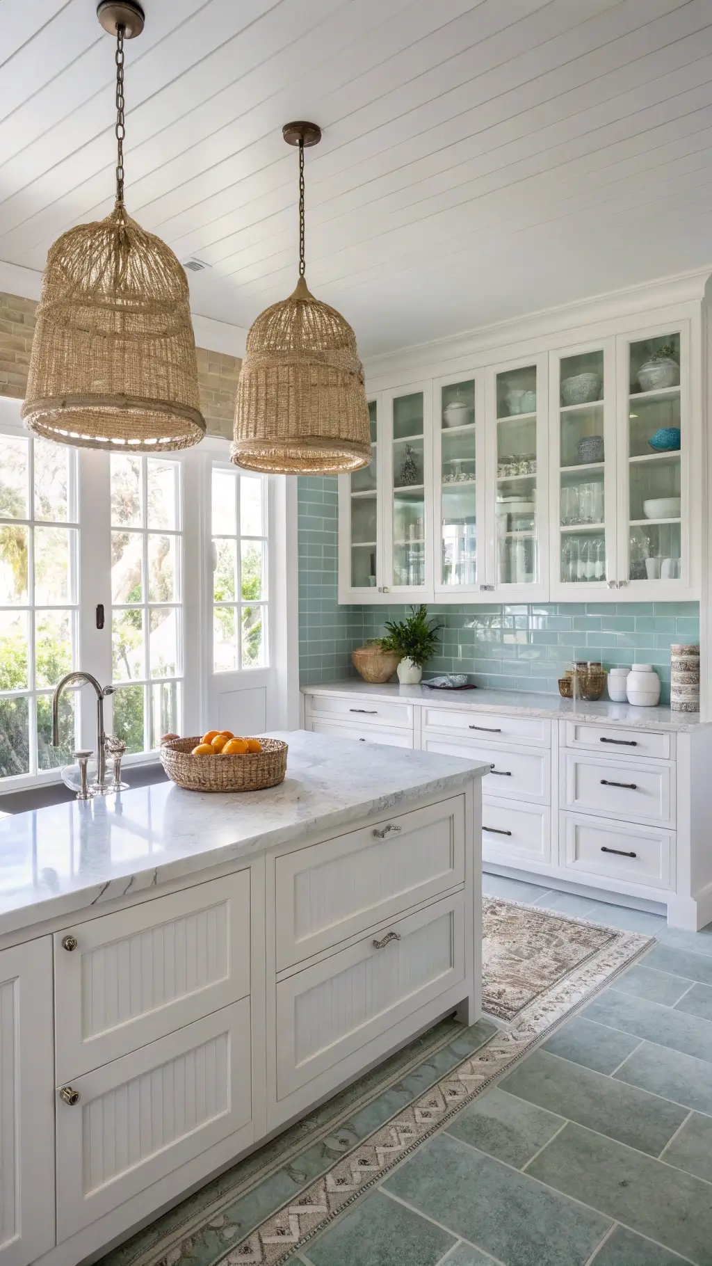 Coastal chic kitchen with white IKEA AXSTAD cabinets, glass uppers, marble-look quartz counters, pale blue subway tile, rattan pendants, and morning light filtering through plantation shutters.