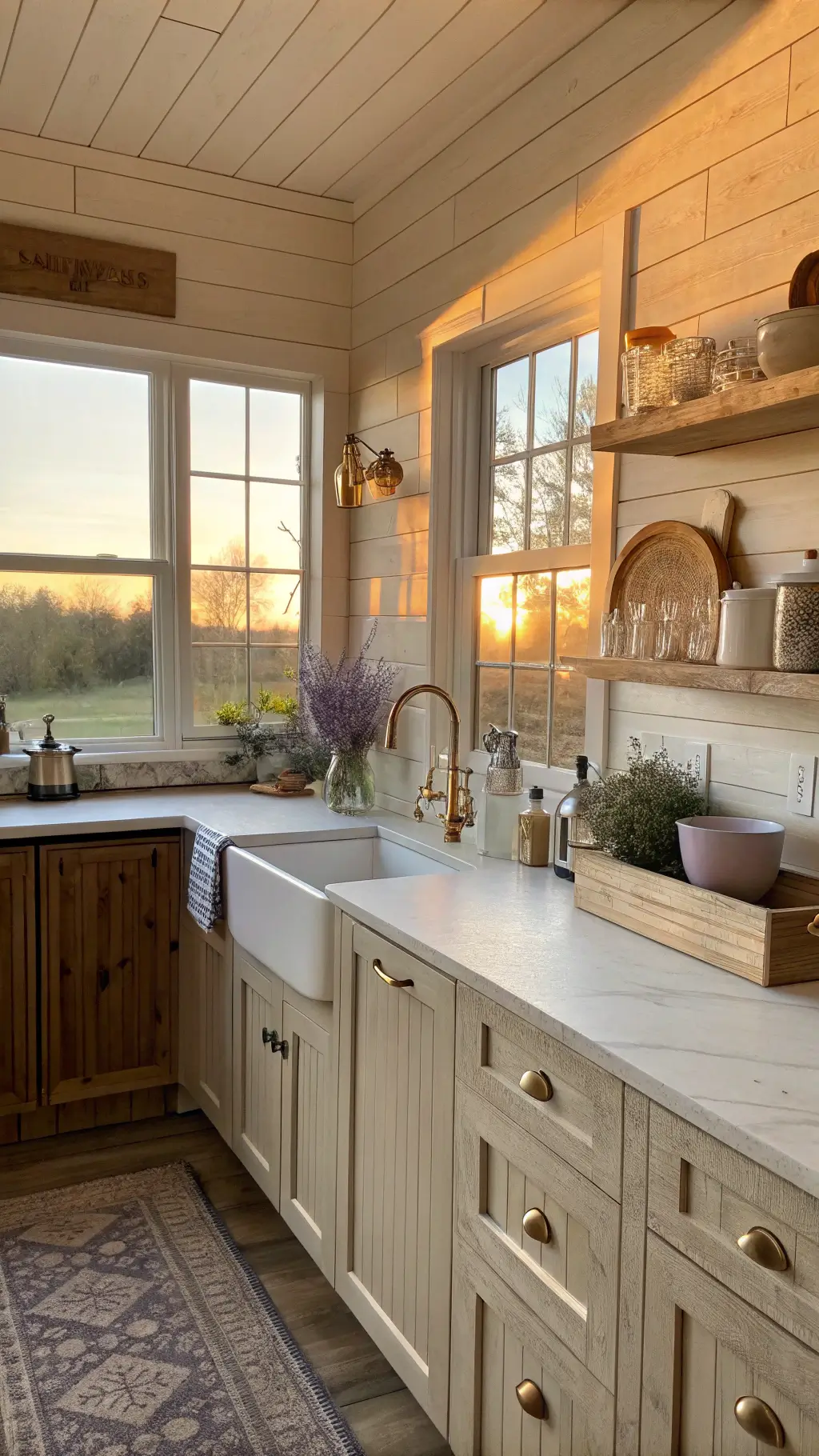 Modern farmhouse kitchen with natural ash IKEA cabinets, golden late afternoon light, farmhouse sink, shiplap wall, aged brass hardware, and vintage decor accents.