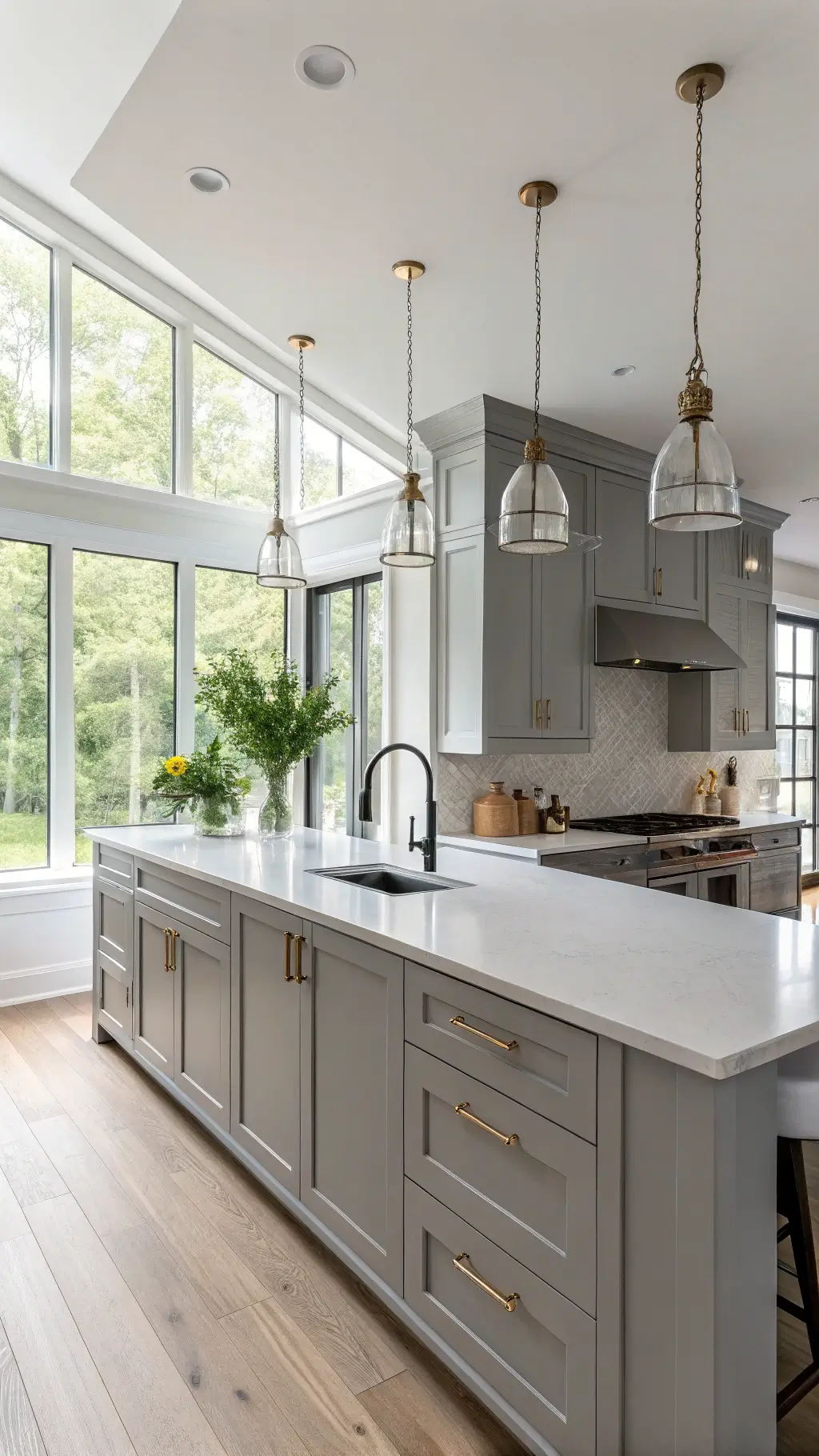 Modern grey kitchen with white quartz island, brass pendant lights, and morning sunlight streaming through floor-to-ceiling windows onto shaker cabinets and wide-plank oak flooring.
