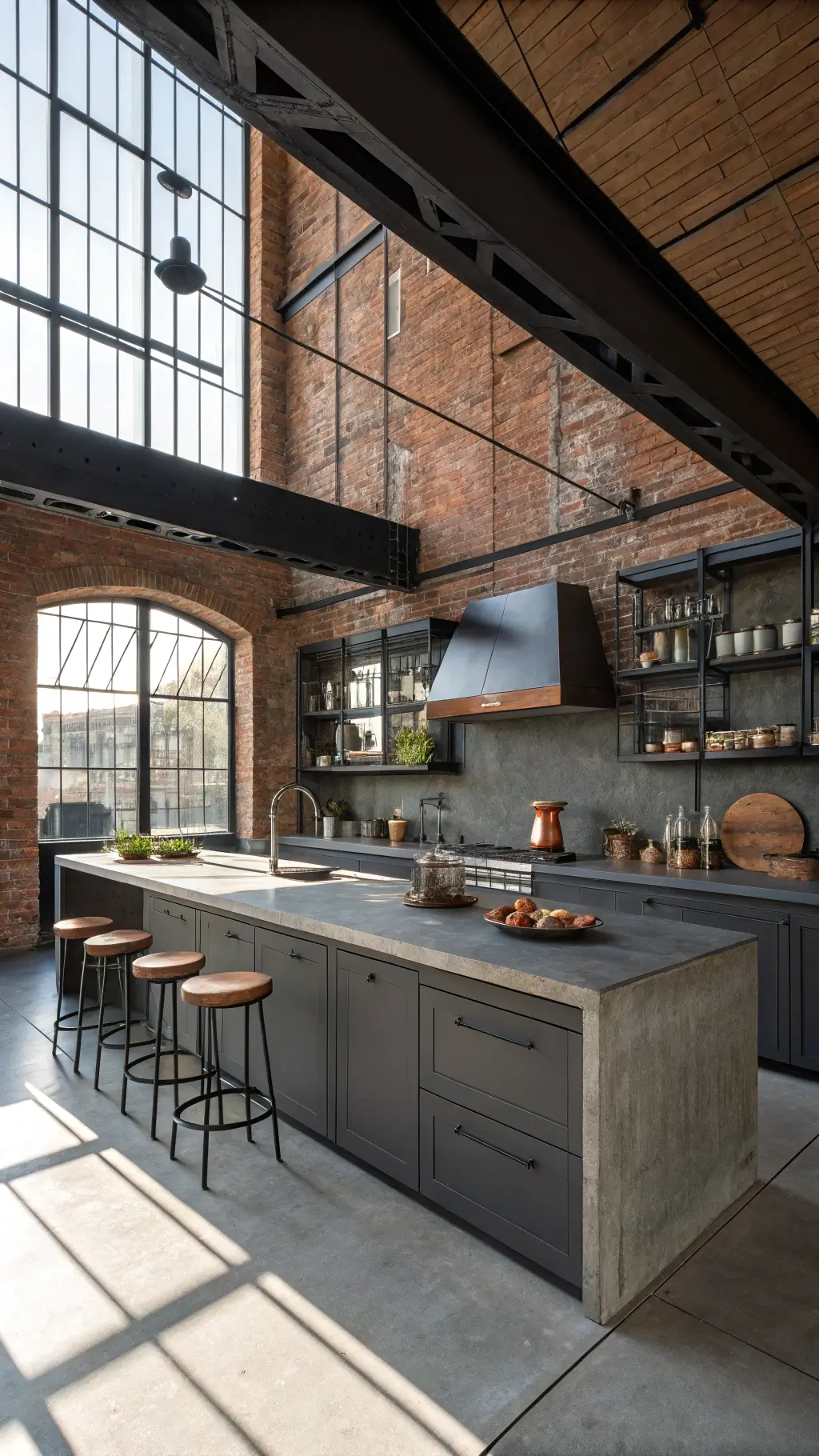 Double-height industrial loft kitchen with charcoal grey cabinets, concrete island, and copper accents, bathed in golden hour sunlight.