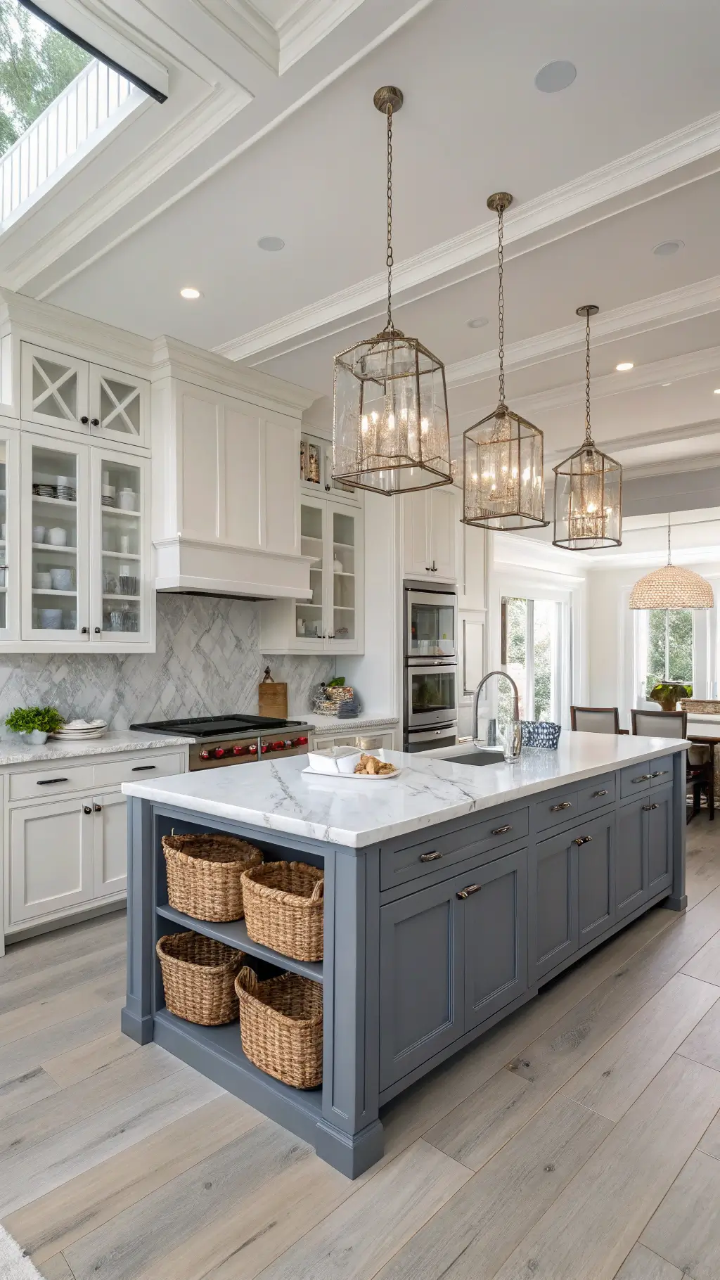 Coastal grey kitchen with Repose Gray cabinets, Carrara marble backsplash, navy island, rattan pendants, and white oak flooring in bright open-concept layout.