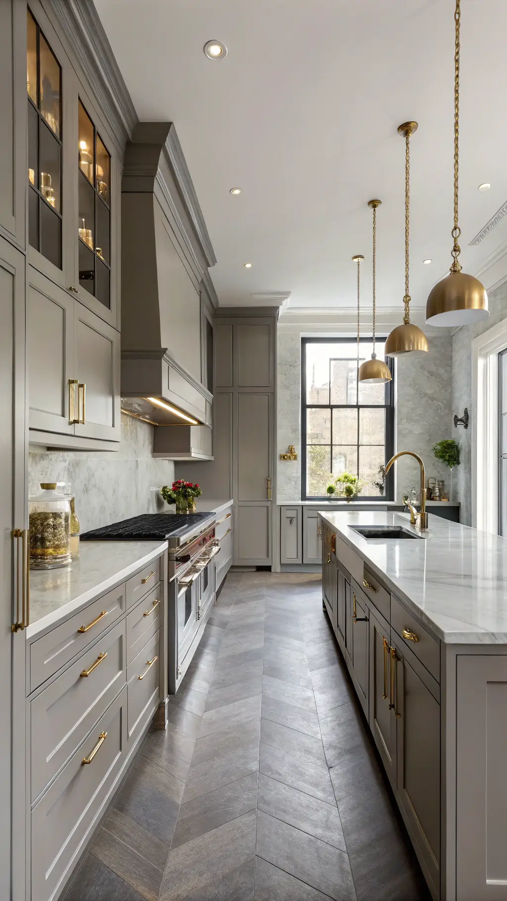 Contemporary grey and brass galley kitchen with warm grey cabinets, unlacquered brass fixtures, porcelain slab backsplash, black stone counters, and modernist aged brass pendant lights.