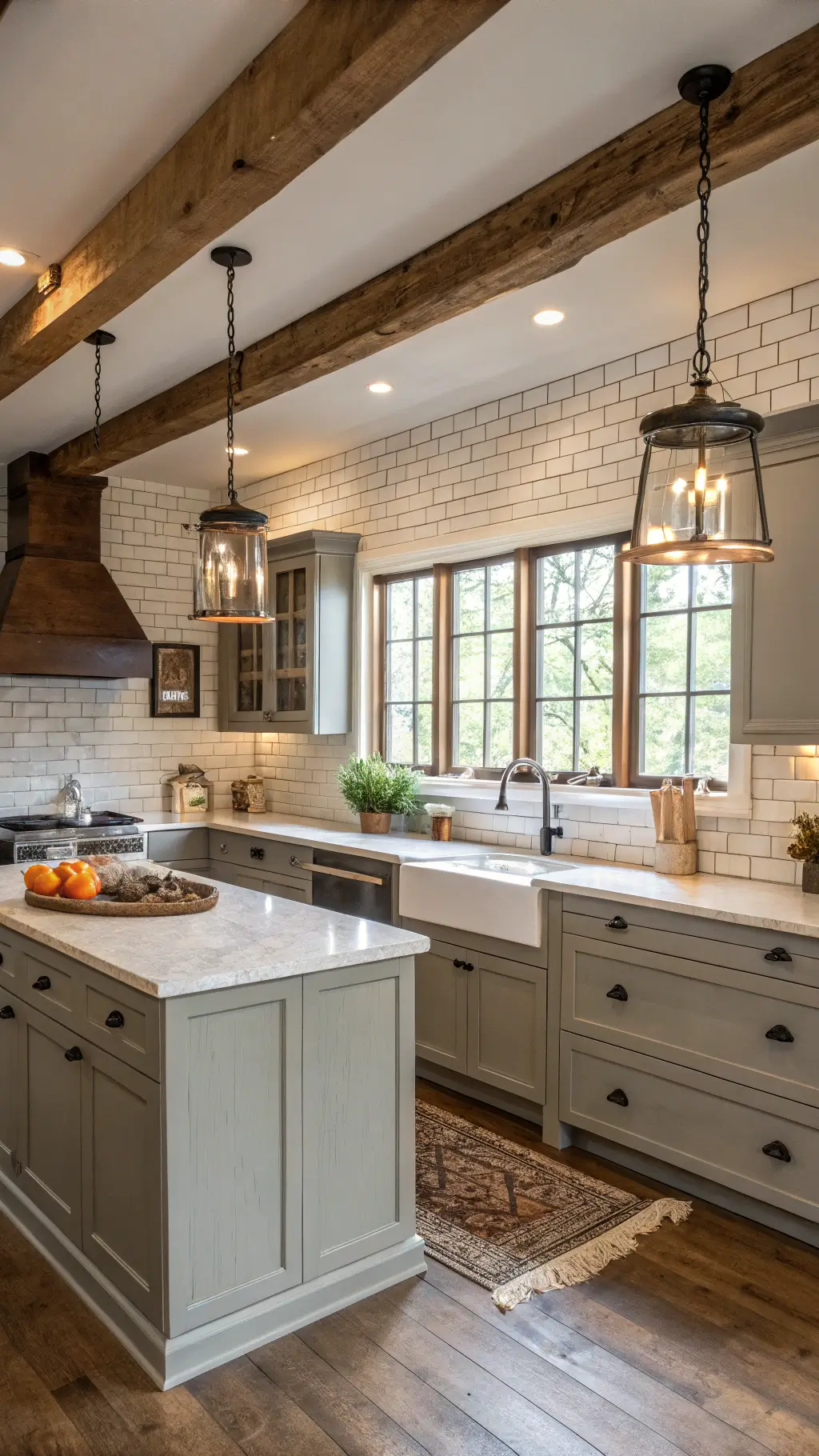 Modern farmhouse kitchen with greige cabinets, soapstone counters, white brick backsplash, reclaimed wood island, and industrial lighting in afternoon light.
