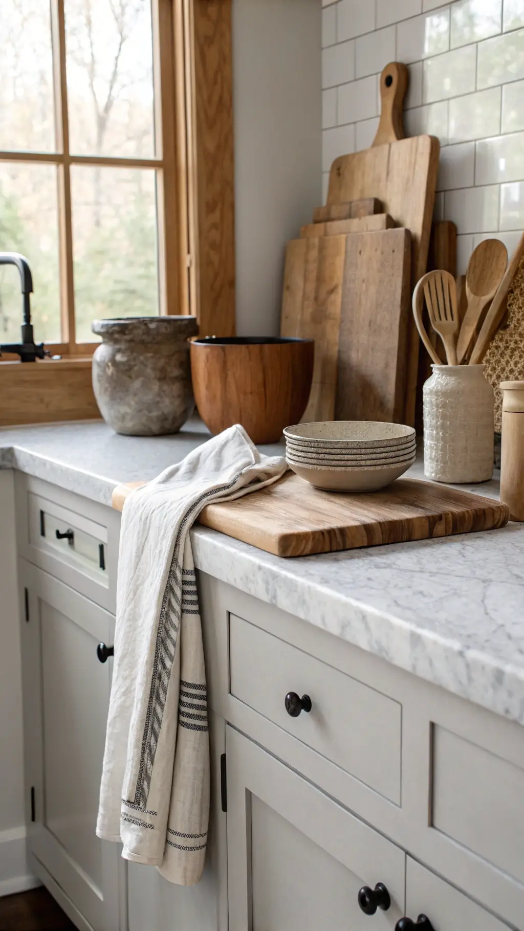 Close-up of light gray kitchen cabinets with marbled quartz countertop, linen towels, wooden cutting boards, and ceramic utensil holders in soft morning light.