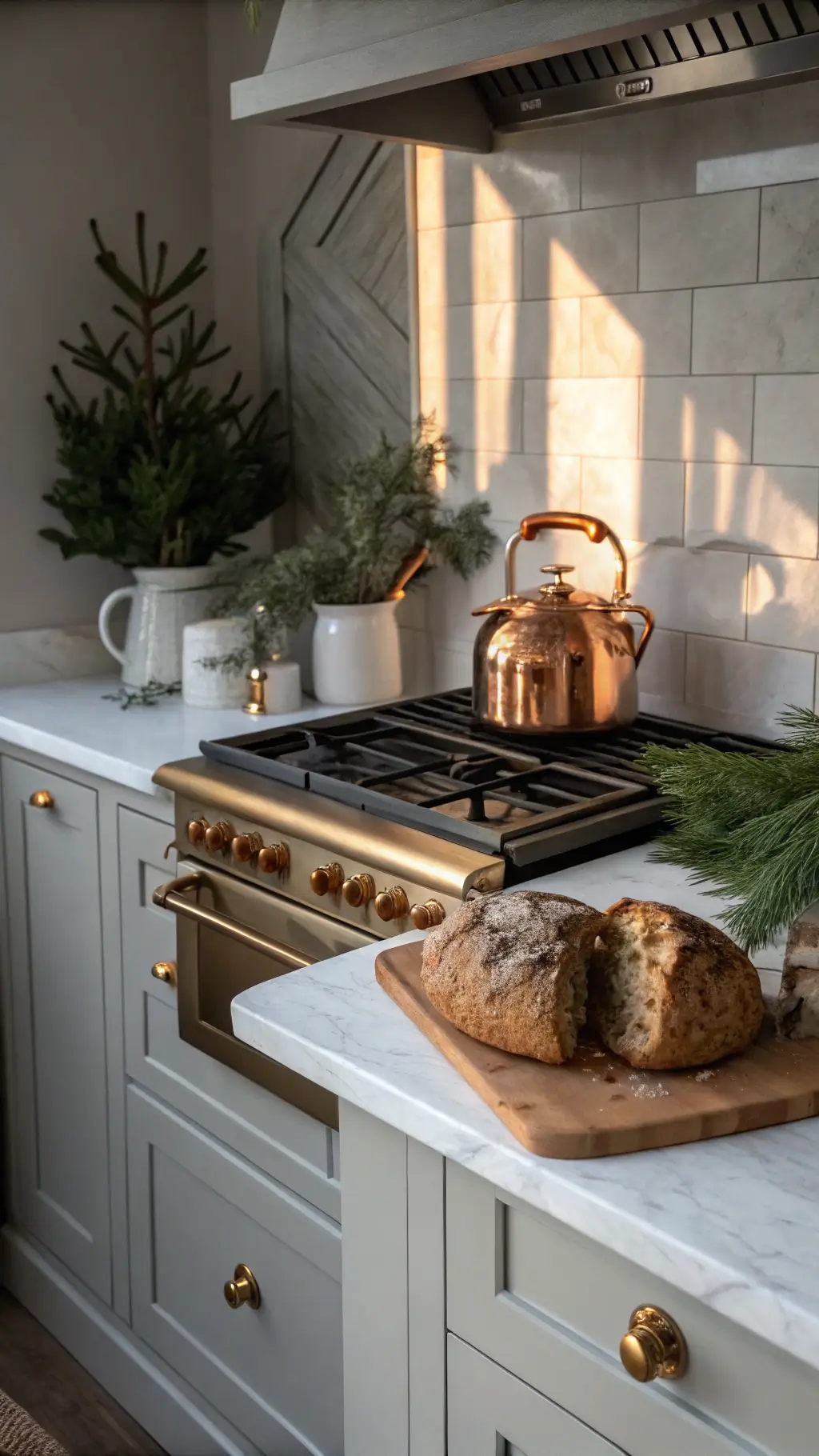 Cozy winter kitchen corner with light gray cabinets, steaming copper kettle on range, evergreen sprigs in white crock, and sourdough loaf on vintage bread board in late afternoon light.