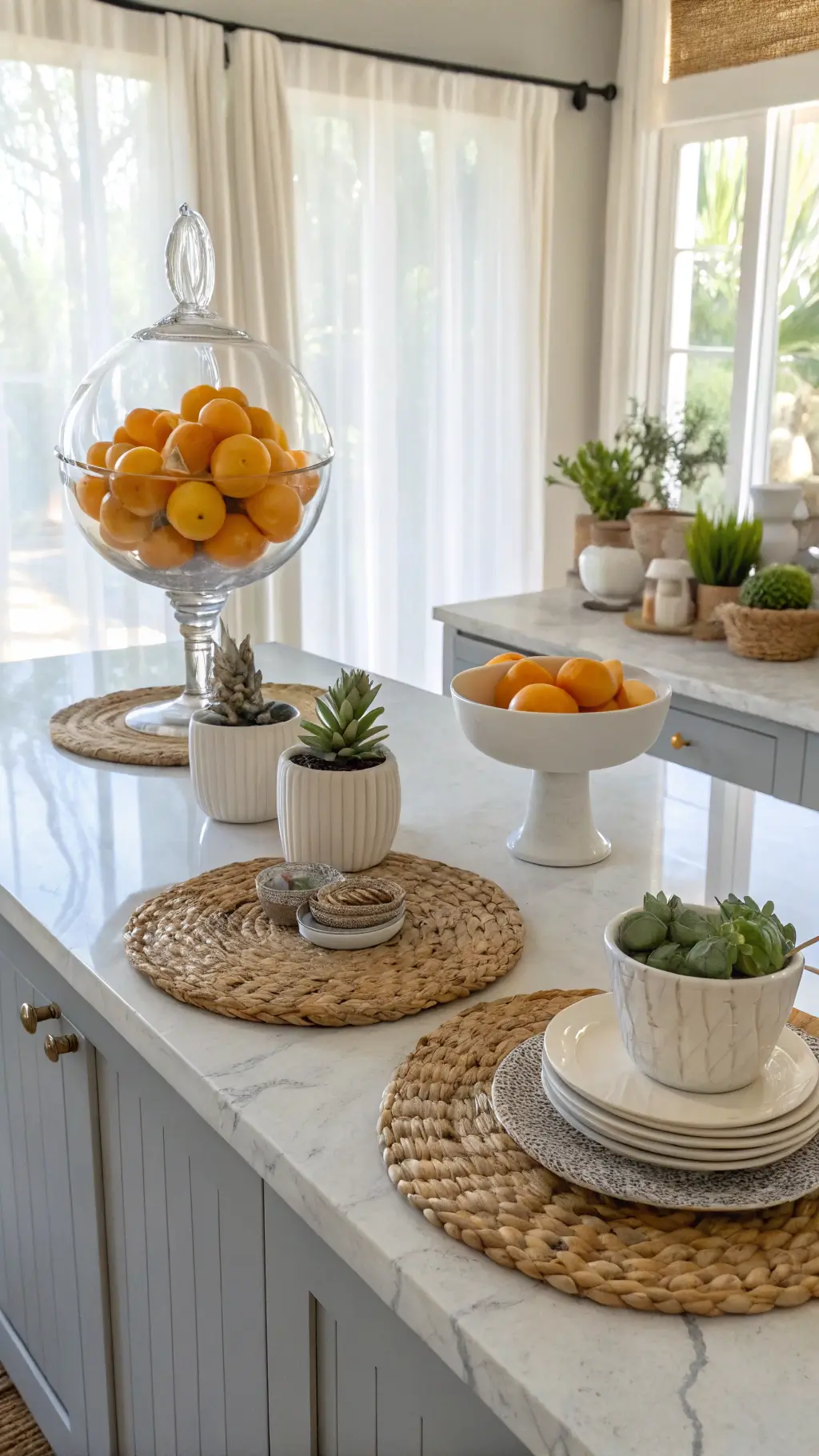 Sunlit kitchen island with light gray base and white marble top, styled with citrus-filled glass vessel, nested white bowls, succulents, and woven placemats.