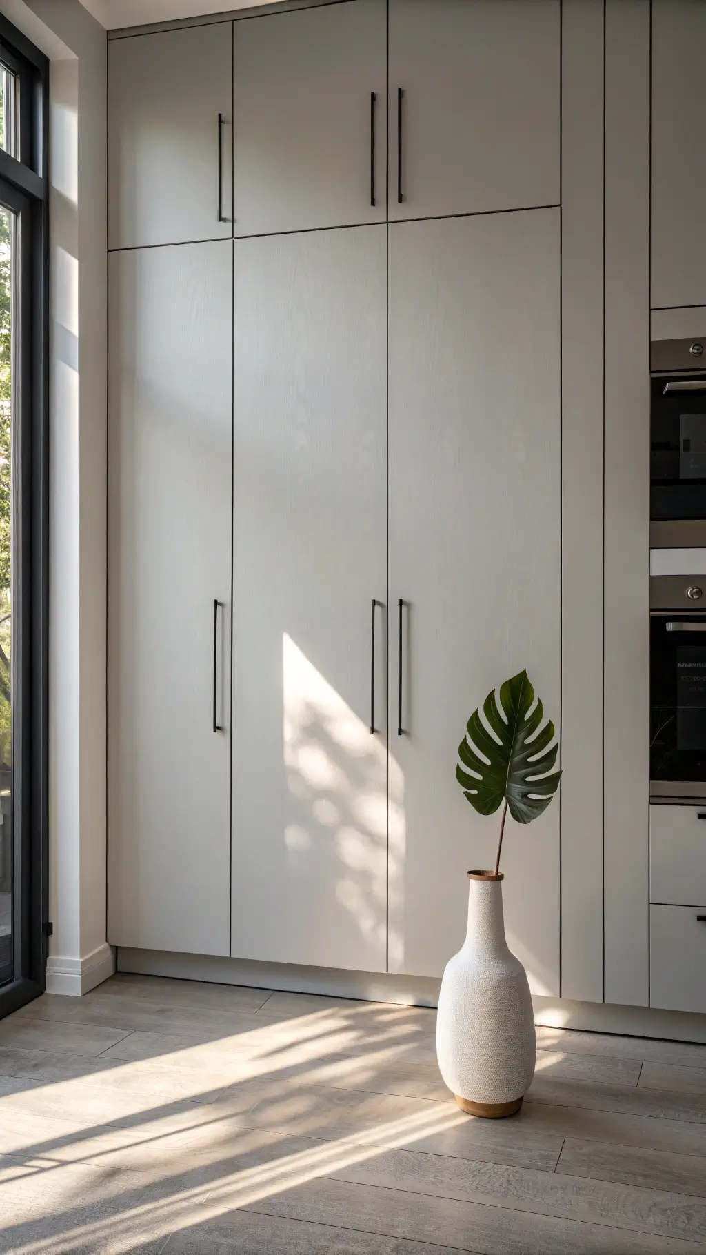 Minimalist floor-to-ceiling light gray cabinet wall with integrated handles, soft side lighting, and a white vase with monstera leaf for contrast.