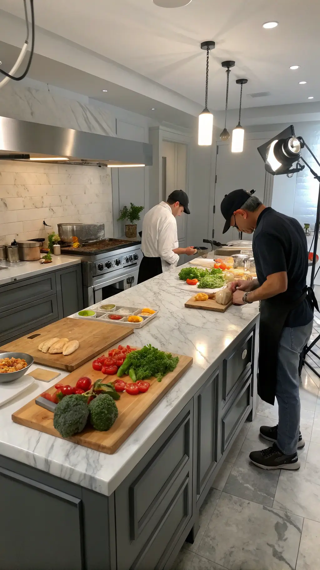 Professional kitchen with light gray island, marble countertop, and chefs preparing food amidst fresh vegetables and utensils under mixed lighting.