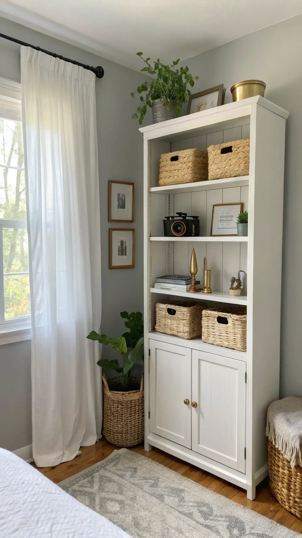 Cozy 10x12ft bedroom with vintage white cabinet against gray wall, styled with brass frames, white vases, trailing pothos, and woven baskets; bathed in golden morning light through sheer curtains.
