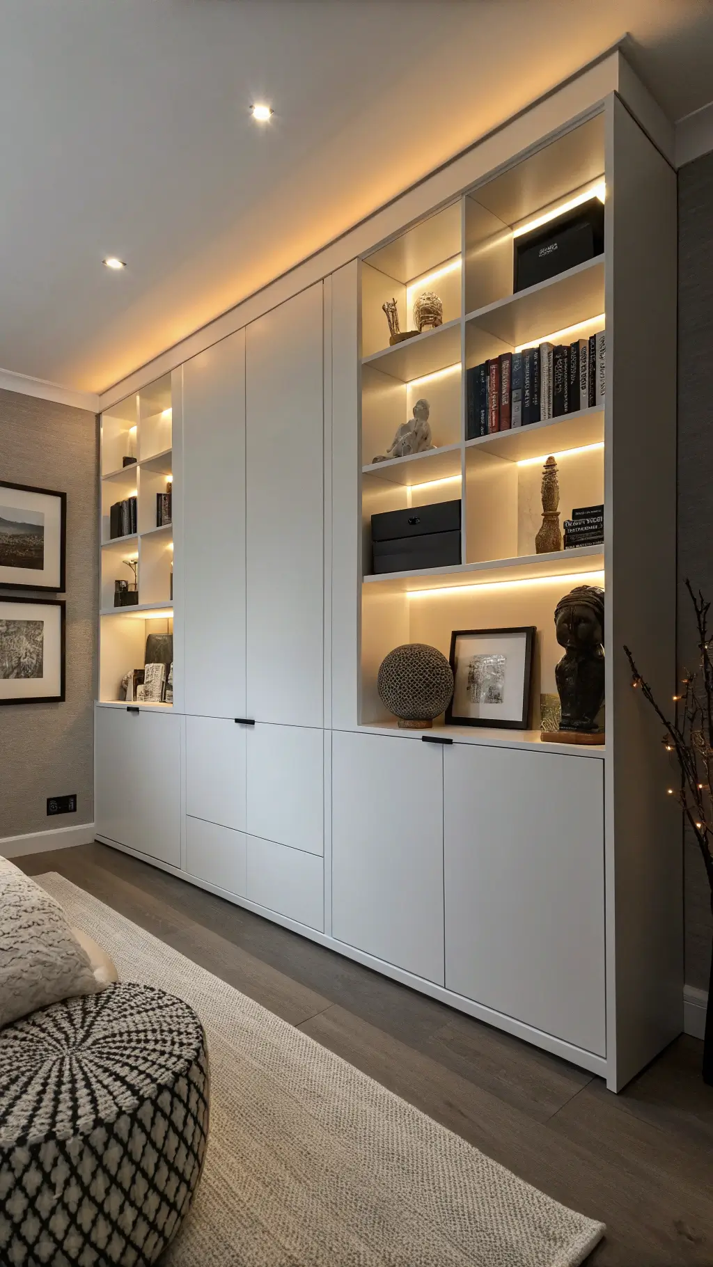 Low-angle view of a Scandinavian-style bedroom with white lacquered cabinet, warm LED shelf lighting, minimalist decor, and chunky knit storage boxes against cool gray walls.