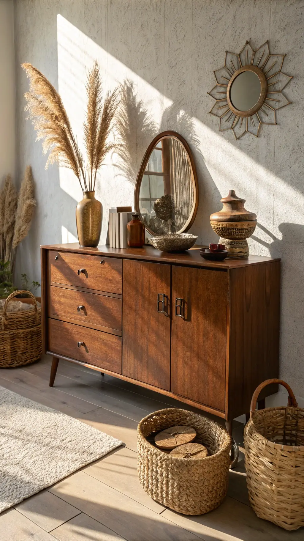 Mid-century walnut cabinet in sunlit bedroom corner with vintage mirror, pottery, pampas grass, and rattan baskets, styled in earthy tones.