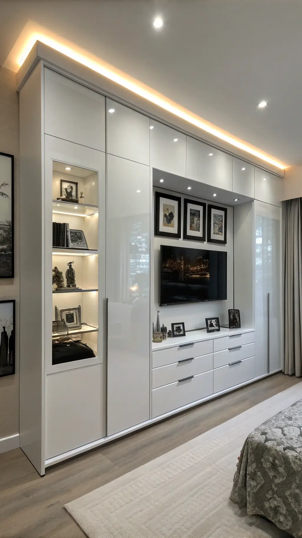 Contemporary micro-bedroom with glossy white built-in cabinet, integrated LED strip lighting, and symmetrical design featuring mirrored decor, black and white photography, and chrome accents in a monochromatic palette.