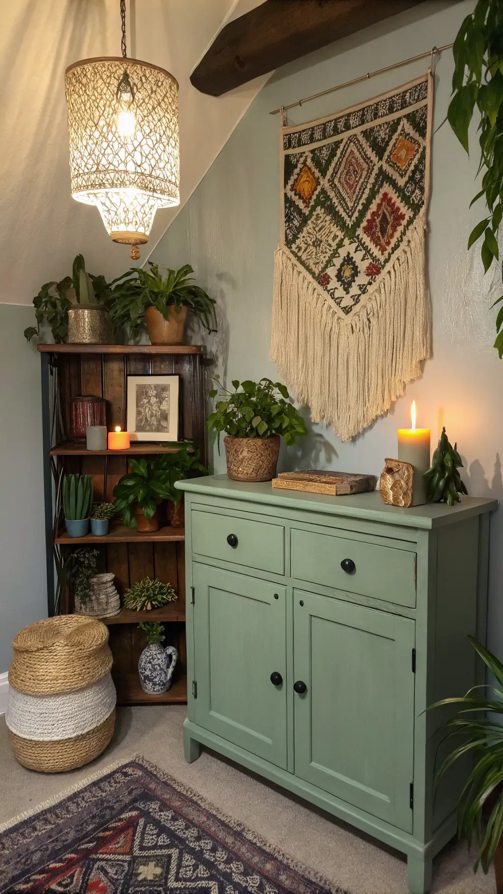 Bohemian-style small bedroom corner with sage green vintage cabinet, handwoven wall hanging, global artifacts, cascading plants, and ambient patterned light from Moroccan pendant during blue hour.