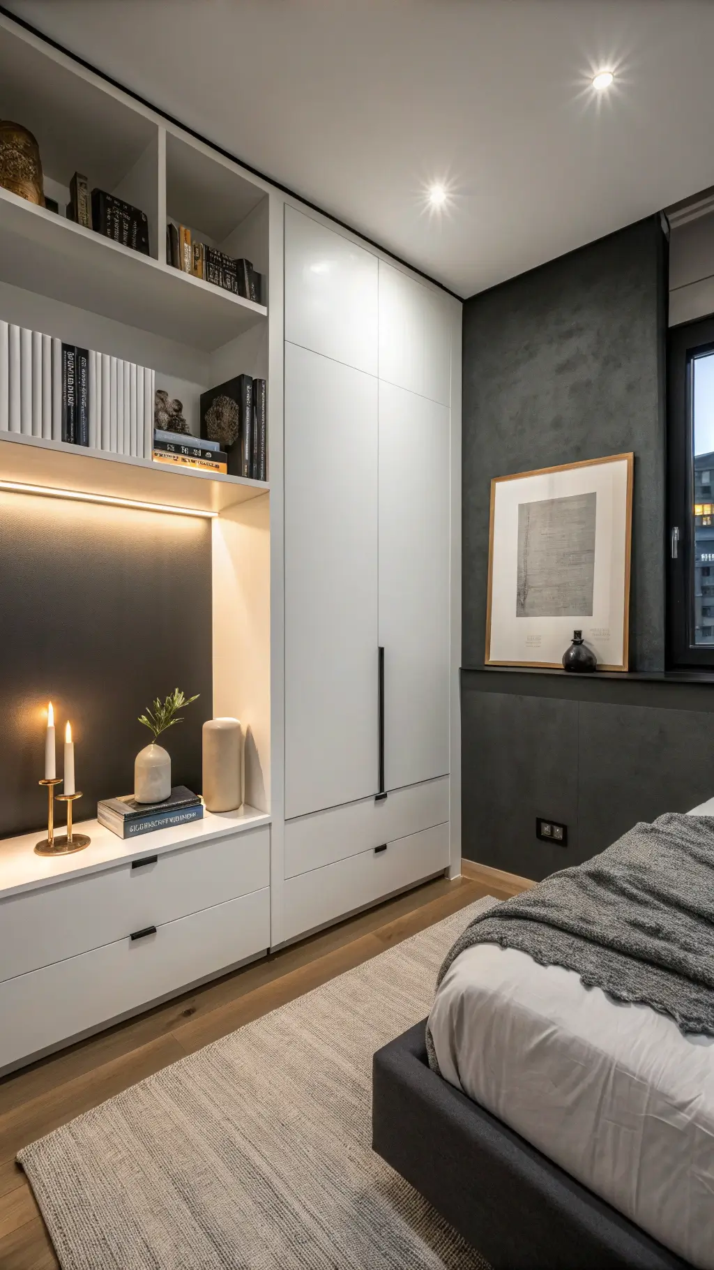 Bird's eye view of minimalist 7x8ft micro-bedroom at twilight with floating white cabinet on charcoal wall, three nested ceramic vessels, brass candlesticks, and art book arranged with balanced lighting and negative space.