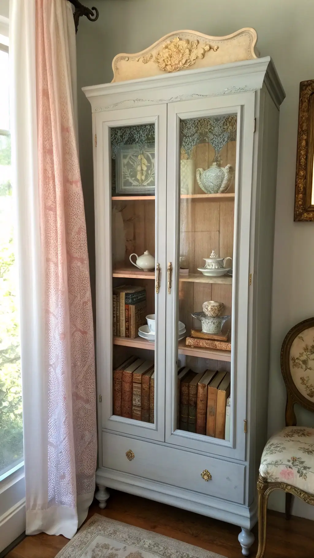Close-up of a French country-style cabinet in morning light, showcasing vintage teacups, weathered brass frames, and antique leather-bound books in soft pastel tones, with lace-curtained sunlight casting a dreamy glow.