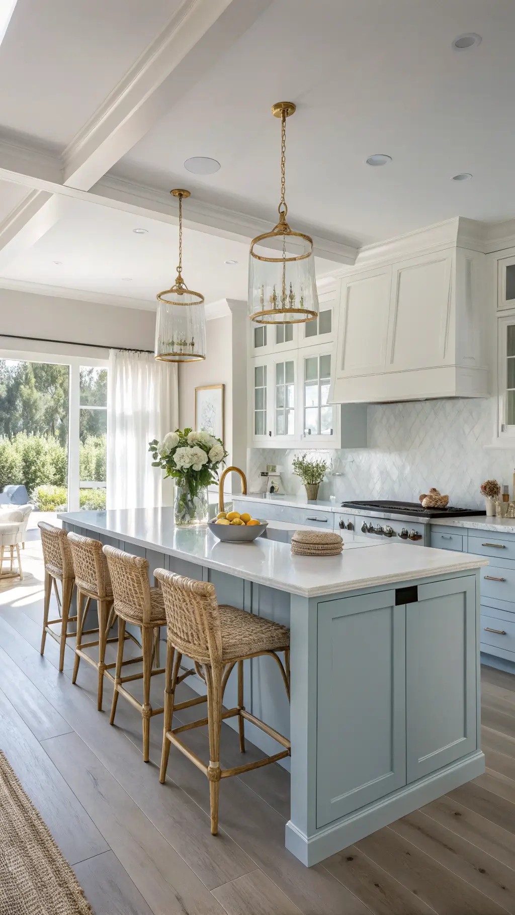 Coastal chic kitchen with sky blue cabinets, white quartz island, brass pendants, rattan barstools, and morning light through bay windows.