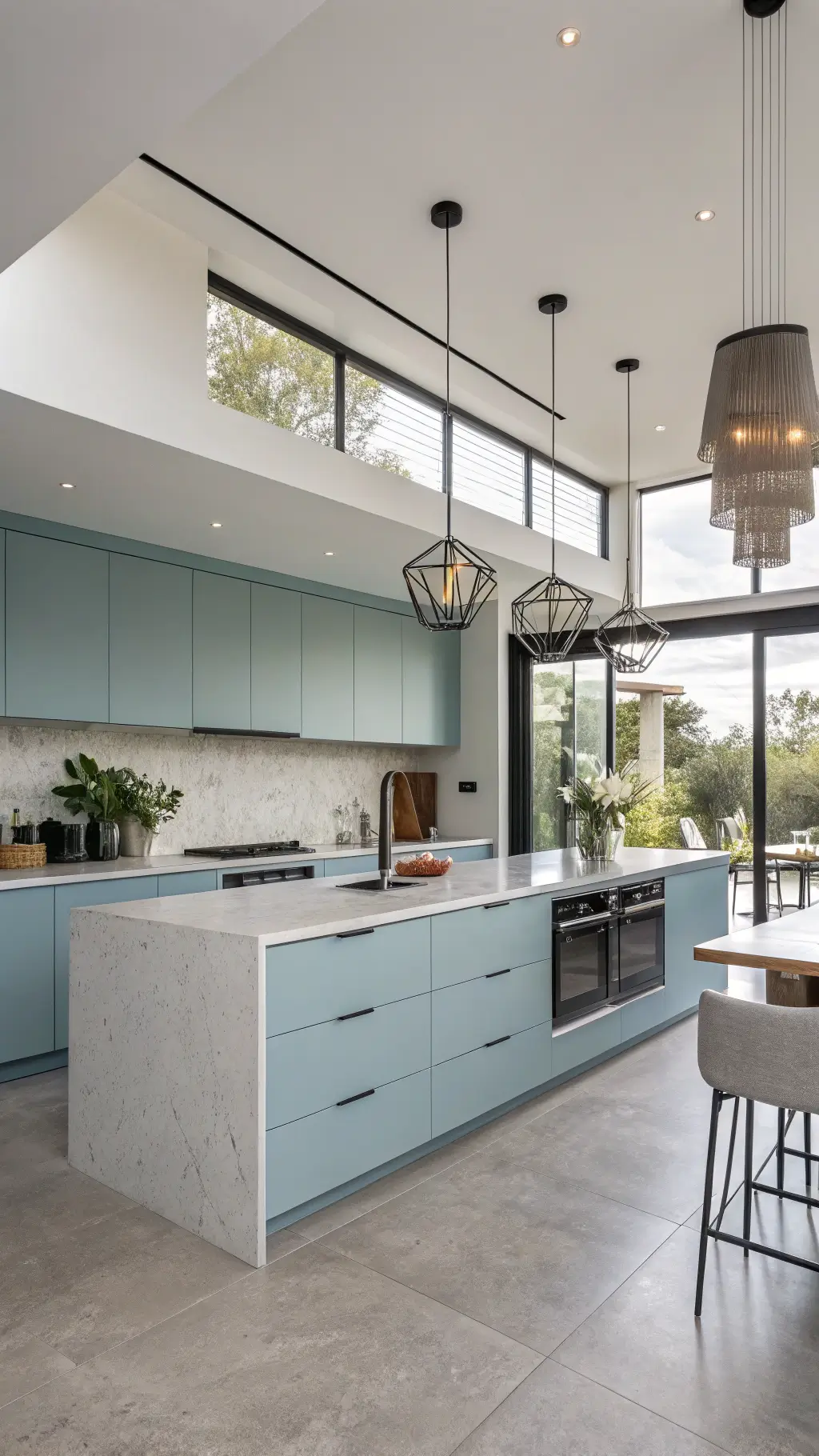 Modern minimalist kitchen with powder blue cabinets, concrete countertops, black hardware, and floor-to-ceiling windows lit by afternoon sun.