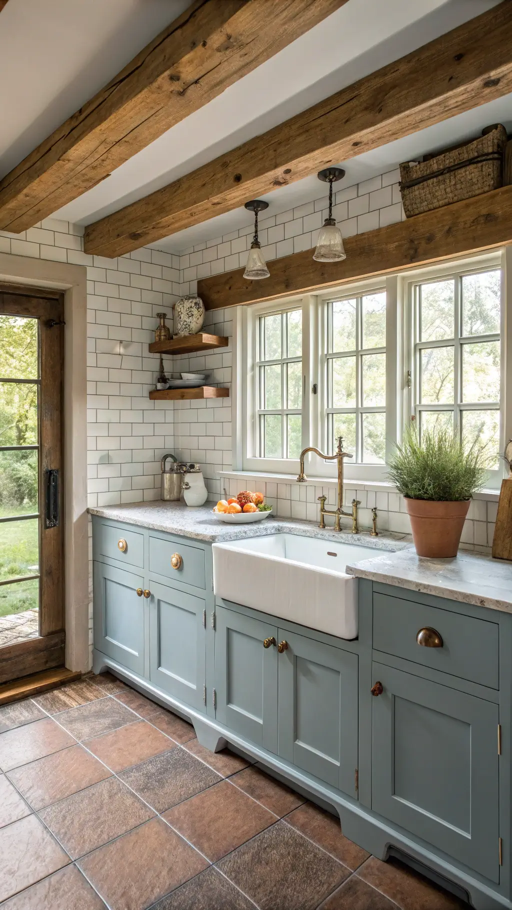 Cozy 14x16ft farmhouse kitchen with dusty blue beadboard cabinets, exposed wooden beams, and golden hour light streaming through mullioned windows.