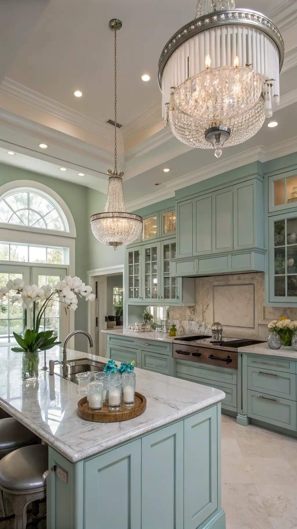 Luxurious open-concept kitchen with seafoam blue cabinets, circular island under crystal chandelier, marble surfaces, and chrome appliances, viewed from above.