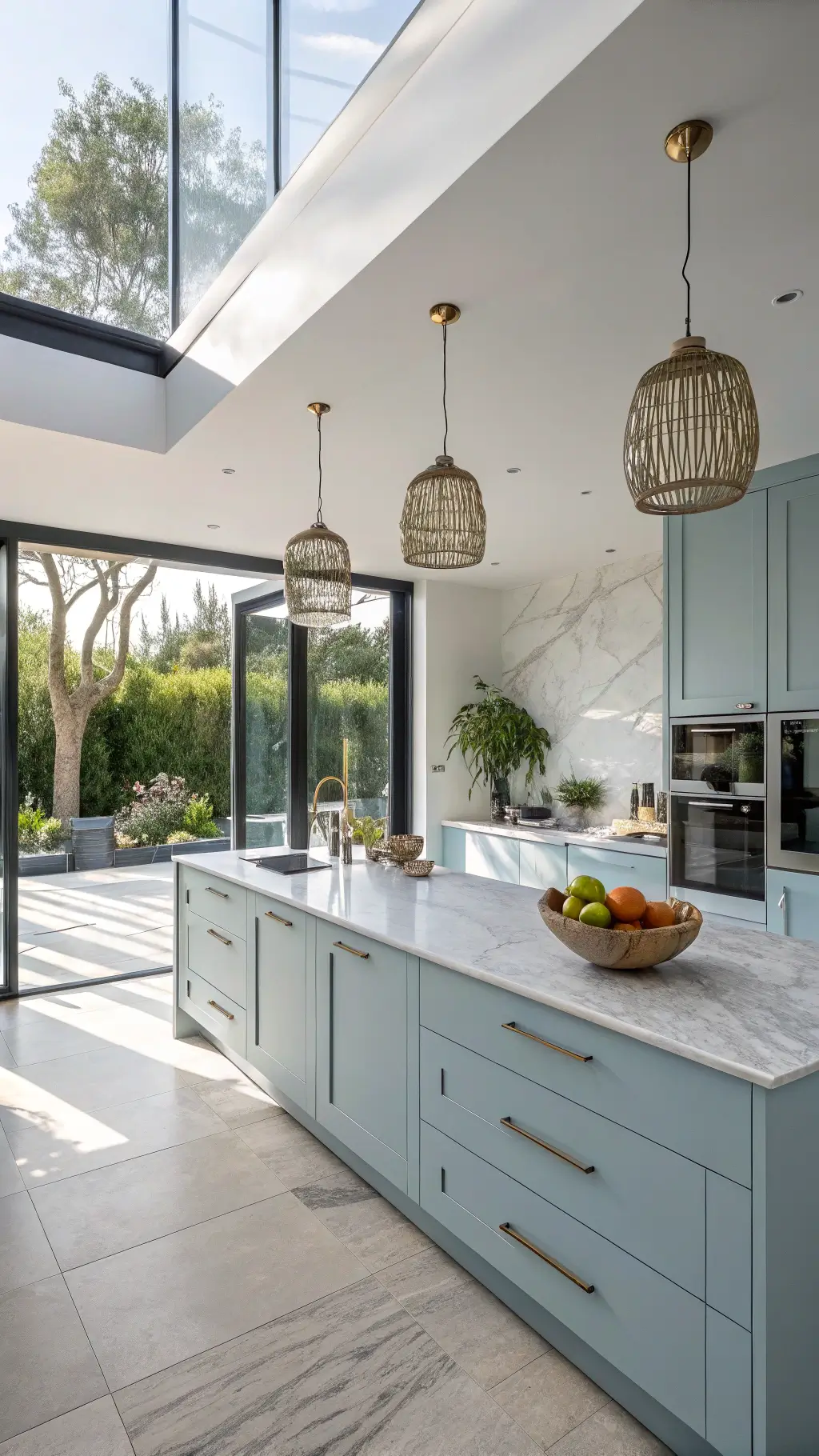 Modern coastal kitchen with light blue cabinets, large quartzite island, mixed metal pendant lights, and garden views through floor-to-ceiling windows.
