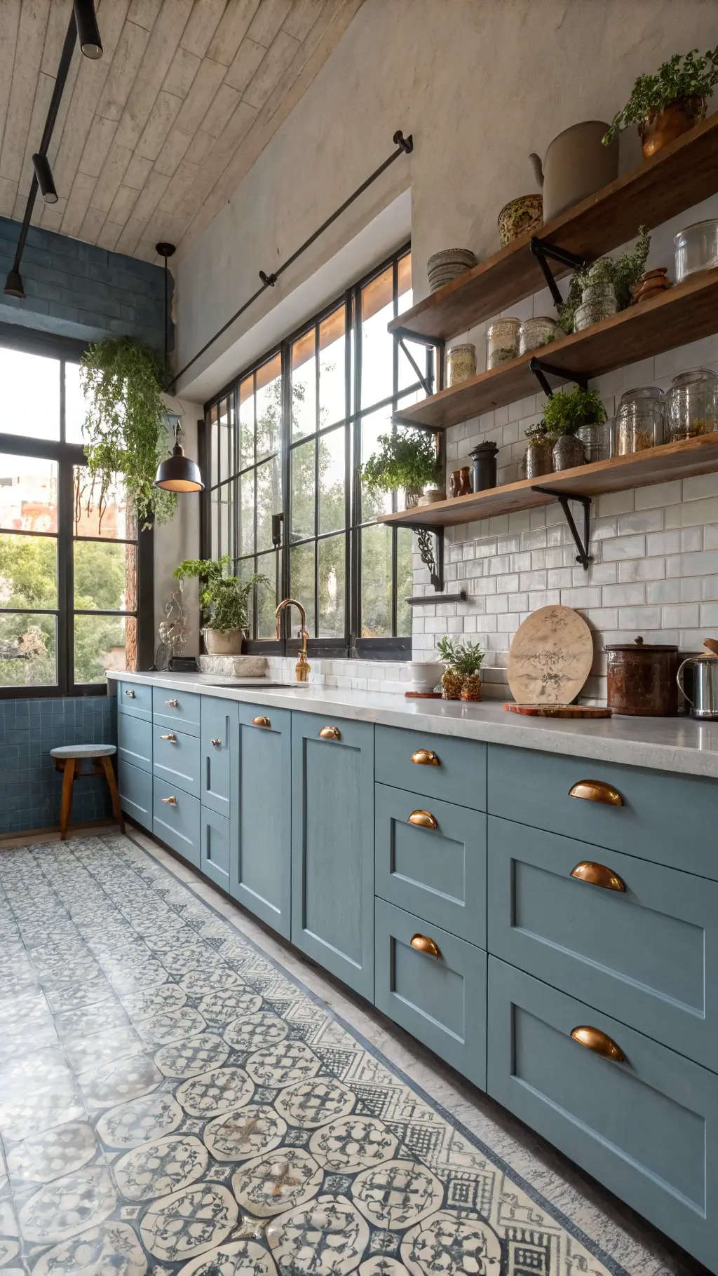 Eclectic 13x15ft urban bohemian kitchen with distressed blue cabinets, copper hardware, patterned cement floors, industrial windows, open shelves, and vintage runner.